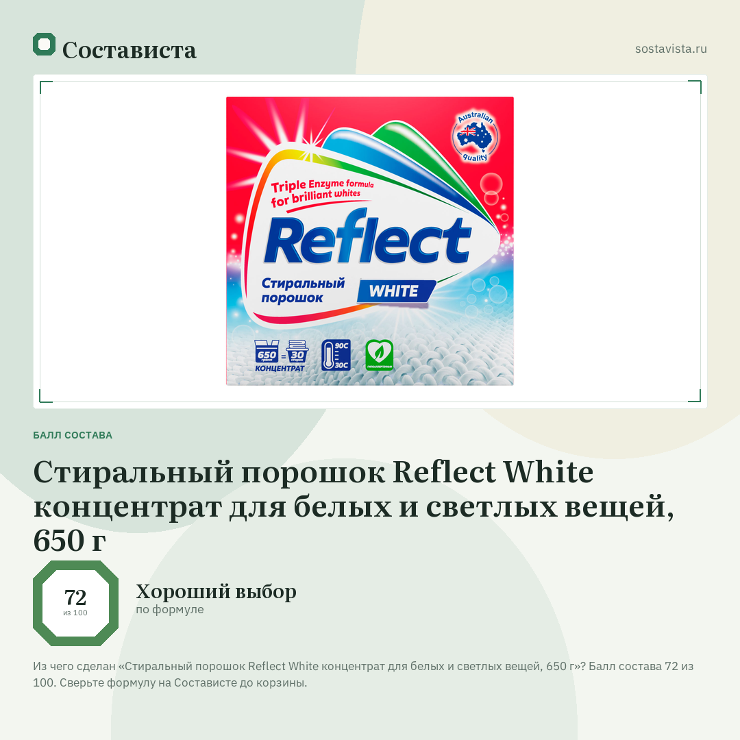 Стиральный порошок Reflect White концентрат для белых и светлых вещей, 650 г: балл состава 72 из 100 — Состависта