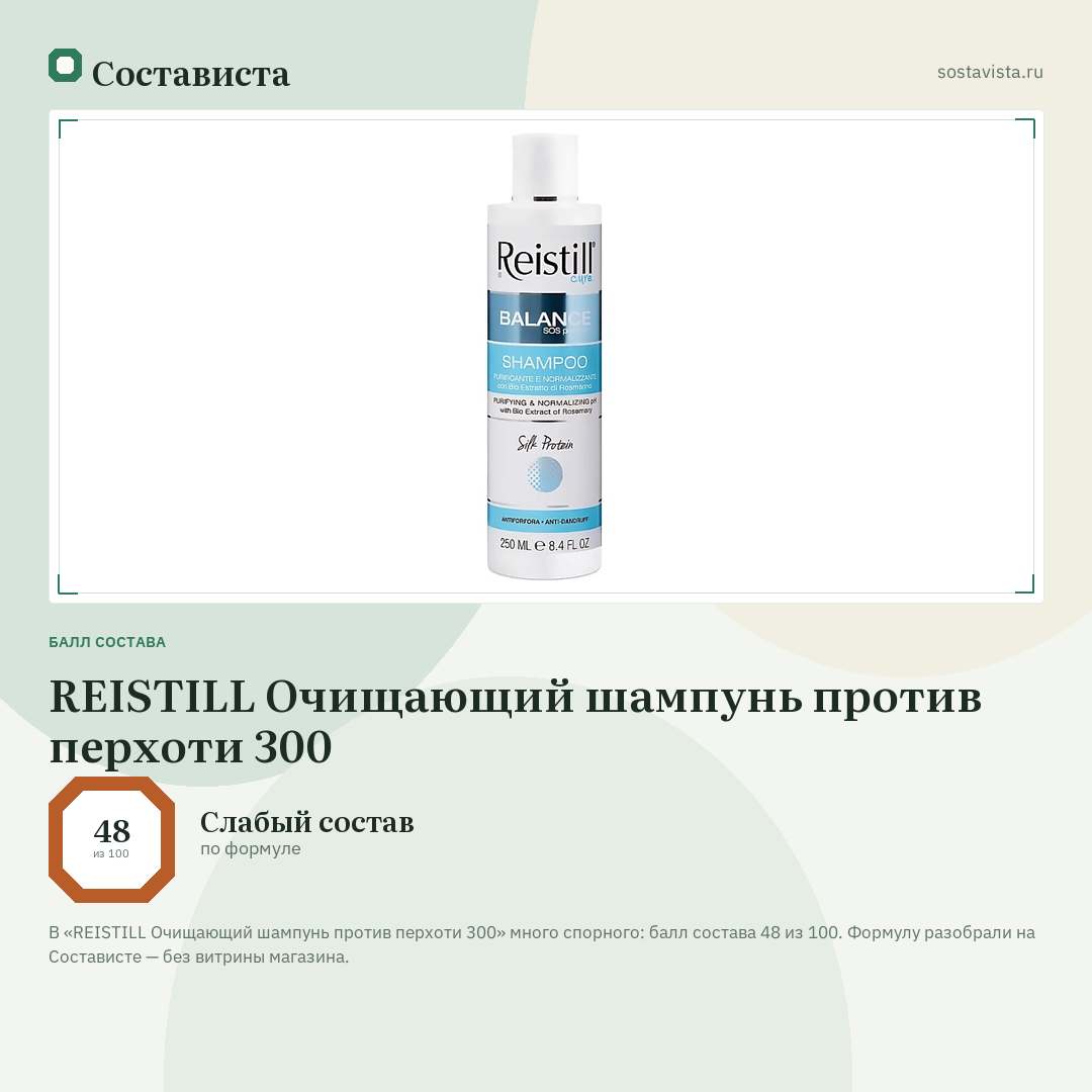 REISTILL Очищающий шампунь против перхоти 300: балл состава 48 из 100 — Состависта