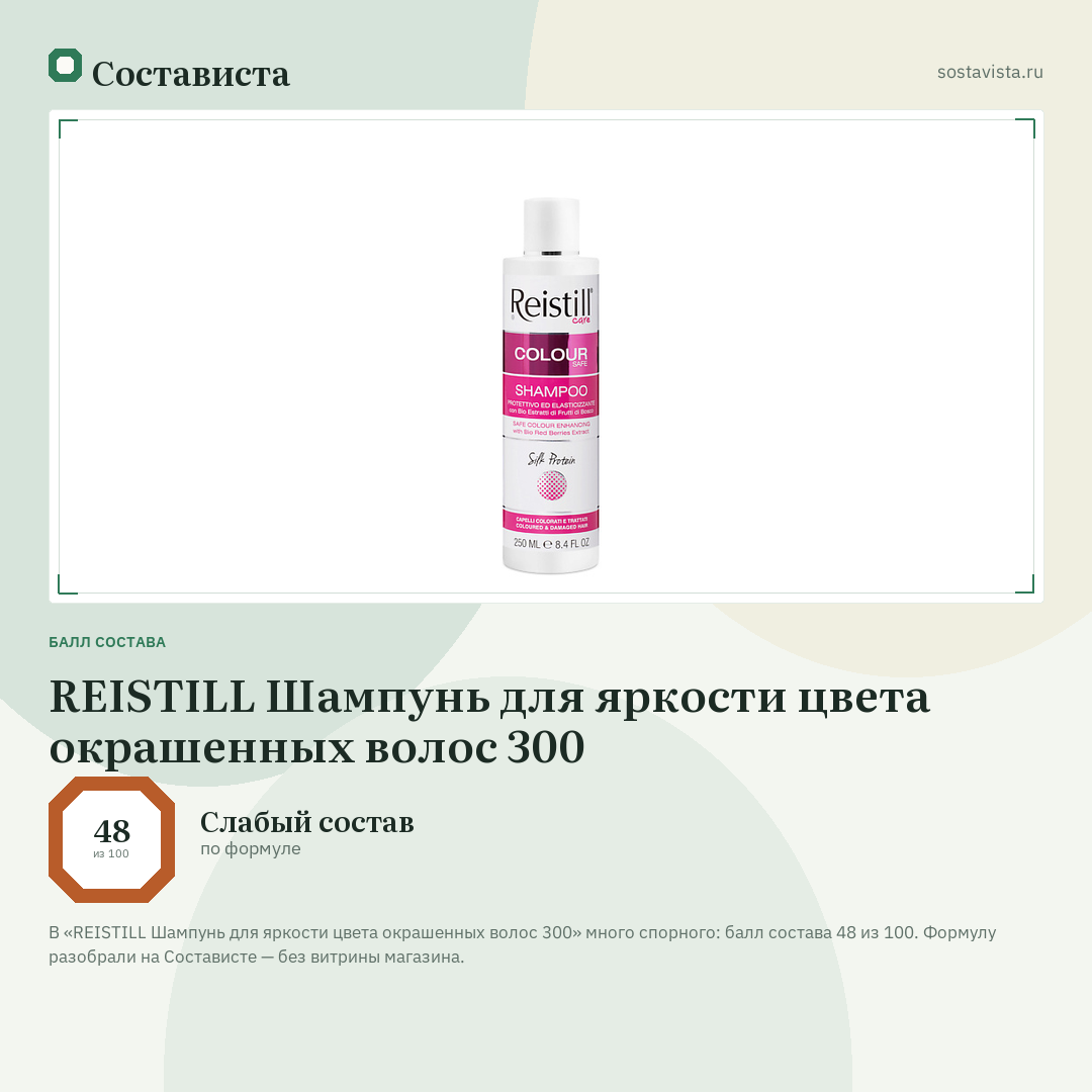 REISTILL Шампунь для яркости цвета окрашенных волос 300: балл состава 48 из 100 — Состависта