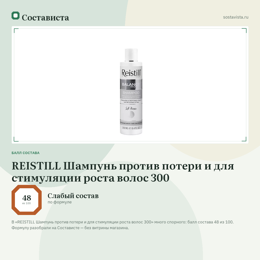 REISTILL Шампунь против потери и для стимуляции роста волос 300: балл состава 48 из 100 — Состависта