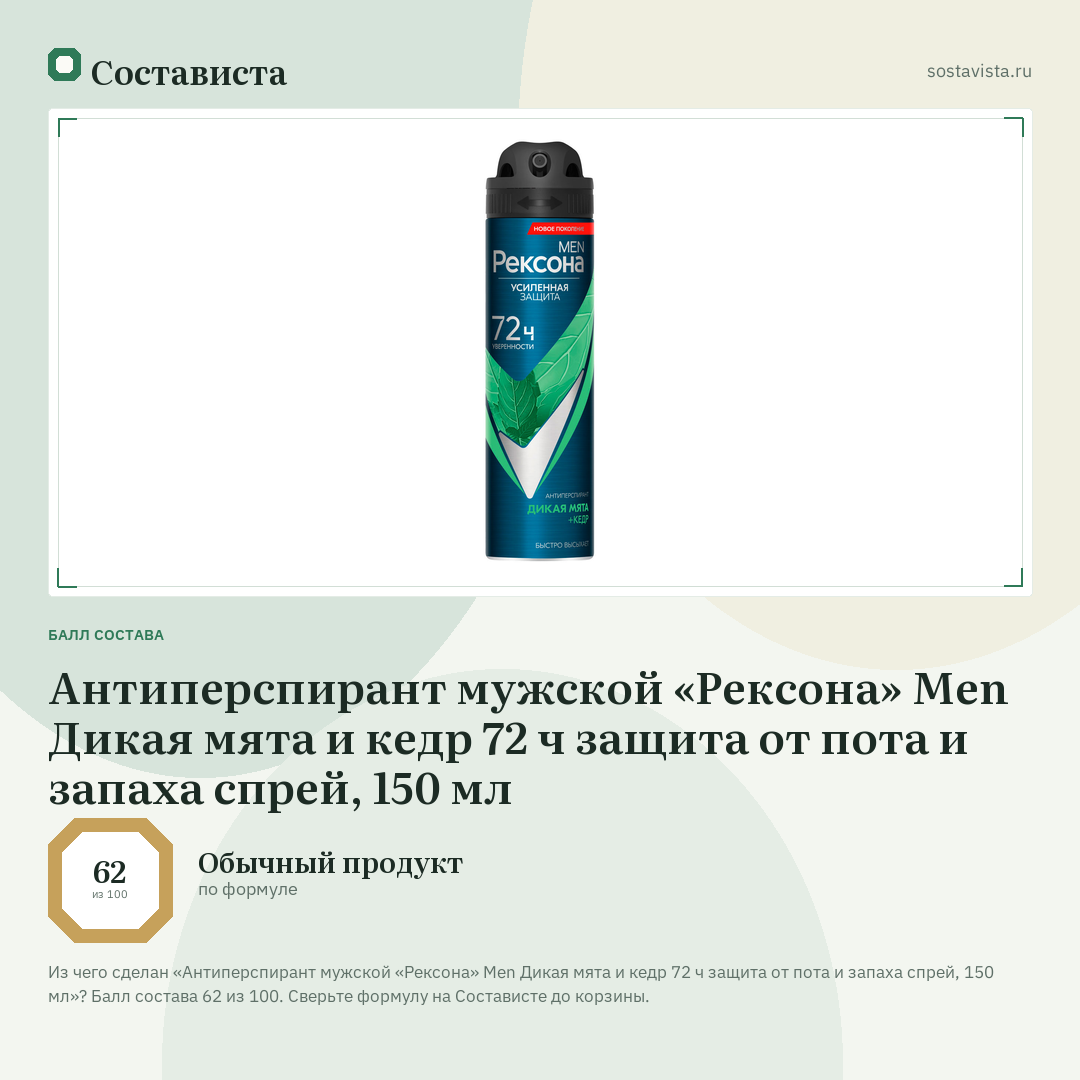 Антиперспирант мужской «Рексона» Men Дикая мята и кедр 72 ч защита от пота и запаха спрей, 150 мл: балл состава 62 из 100 — Состависта