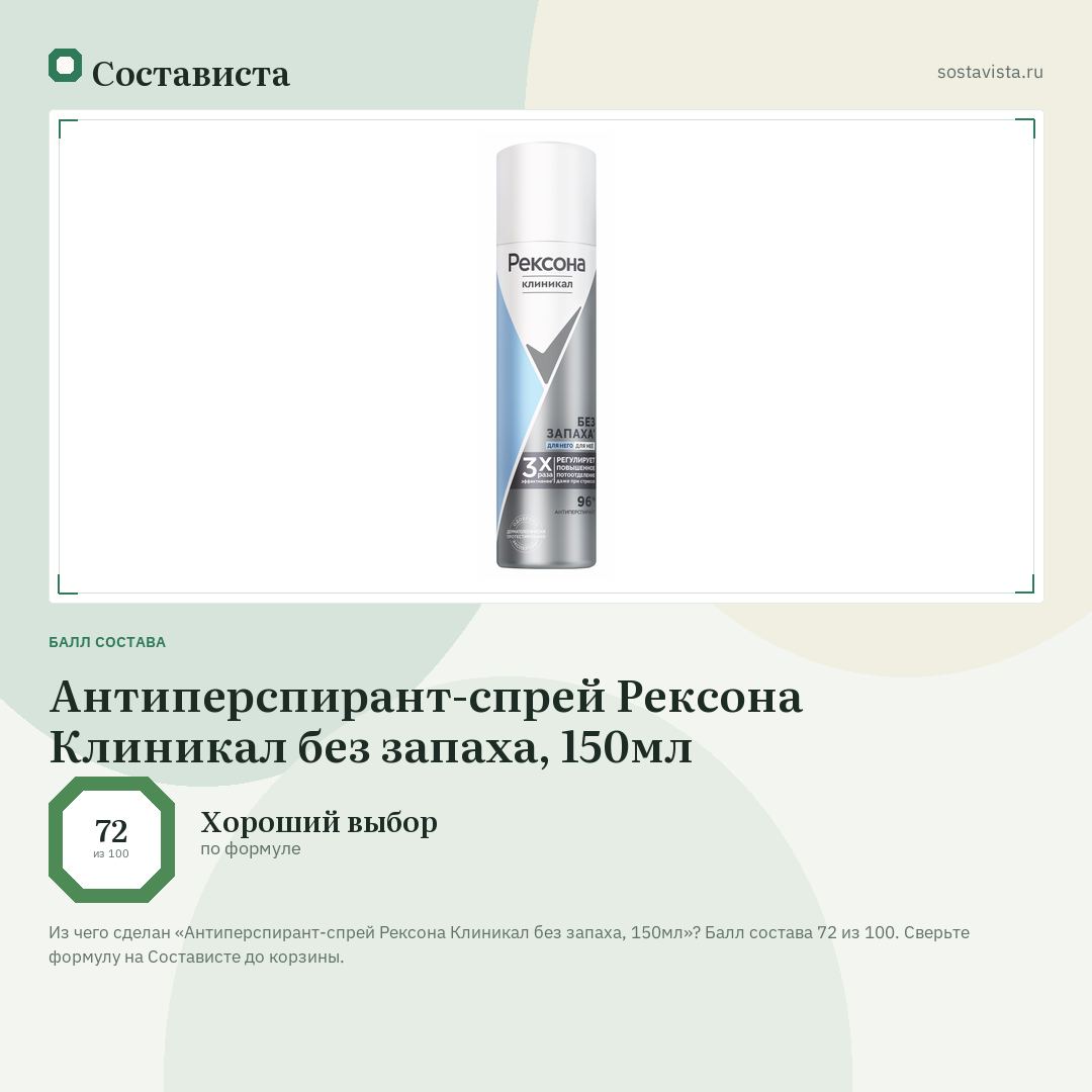 Антиперспирант-спрей Рексона Клиникал без запаха, 150мл: балл состава 72 из 100 — Состависта