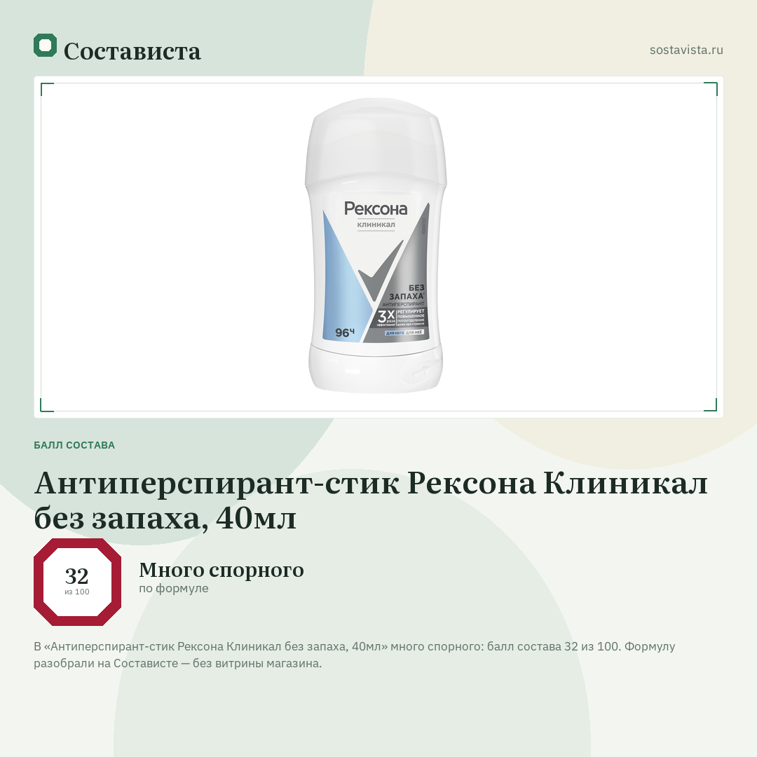 Антиперспирант-стик Рексона Клиникал без запаха, 40мл: балл состава 32 из 100 — Состависта