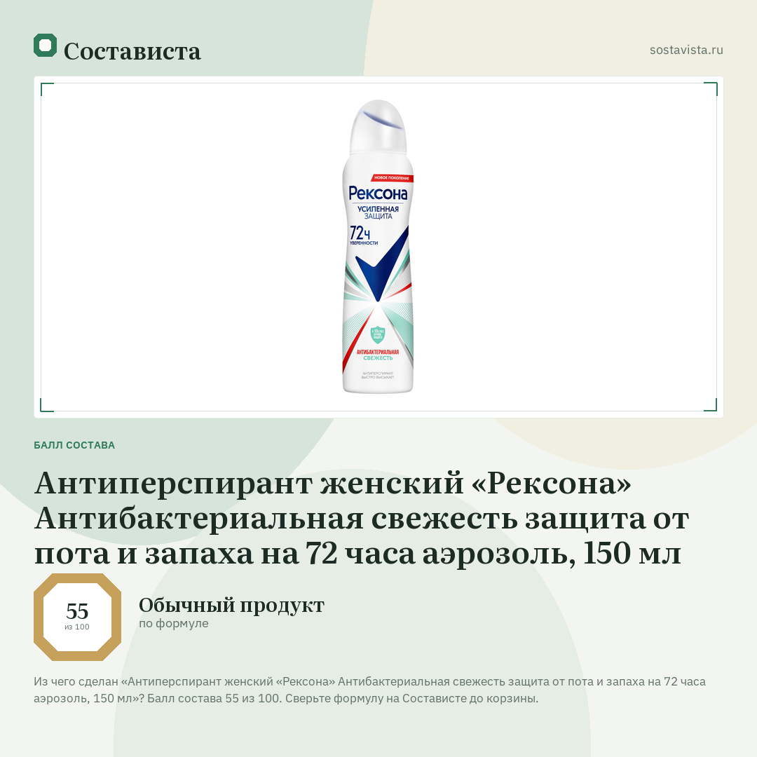 Антиперспирант женский «Рексона» Антибактериальная свежесть защита от пота и запаха на 72 часа аэрозоль, 150 мл: балл состава 55 из 100 — Состависта
