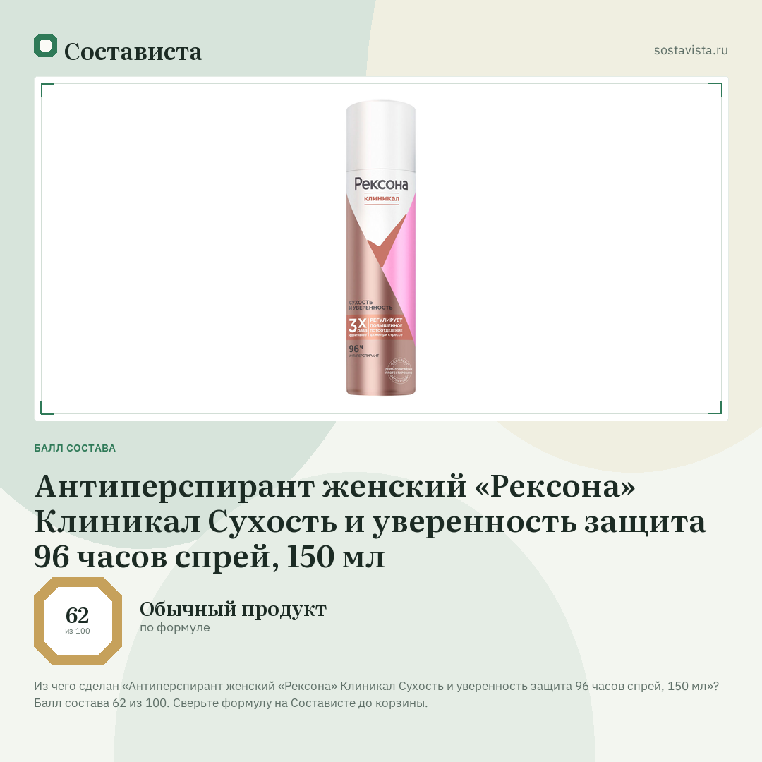 Антиперспирант женский «Рексона» Клиникал Сухость и уверенность защита 96 часов спрей, 150 мл: балл состава 62 из 100 — Состависта