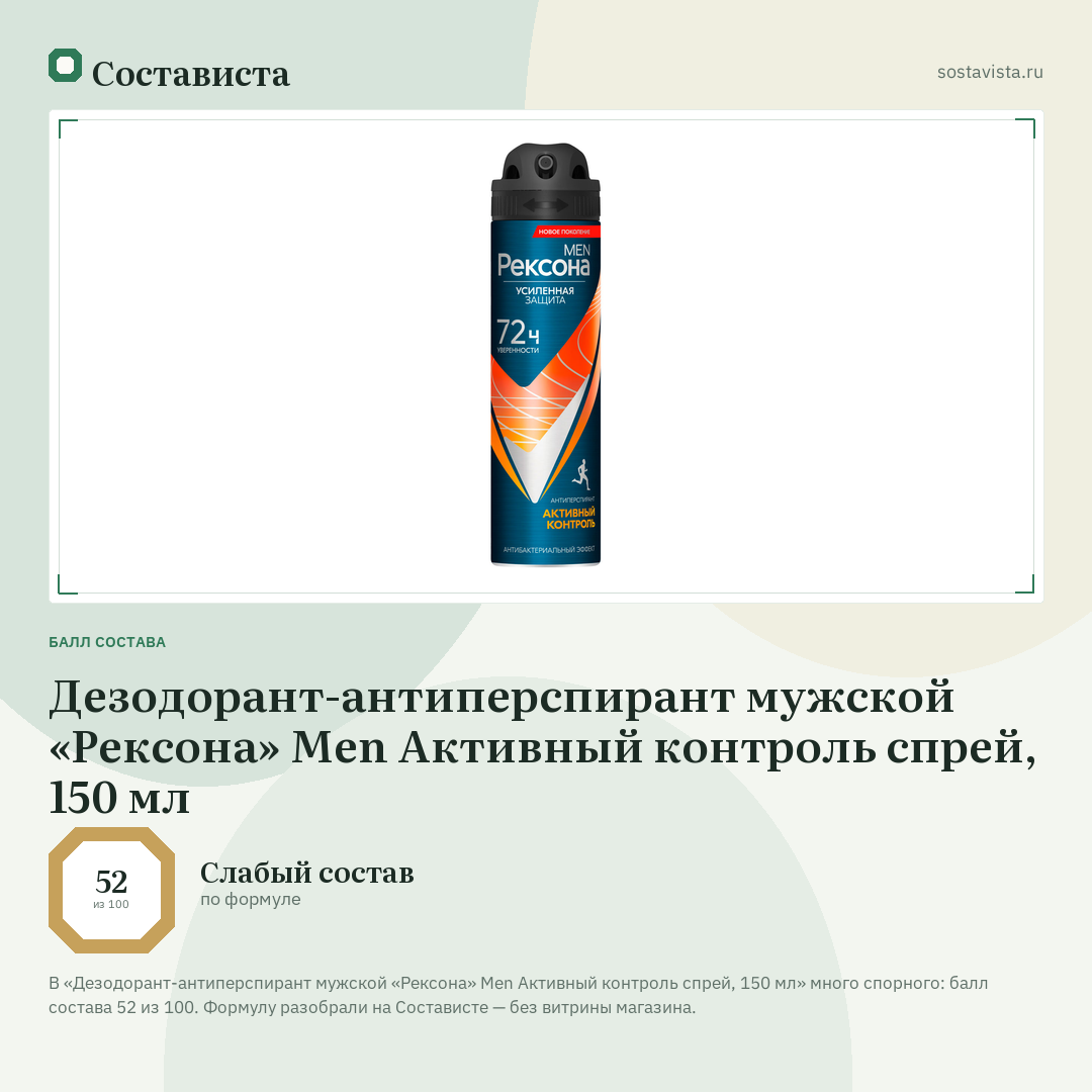 Дезодорант-антиперспирант мужской «Рексона» Men Активный контроль спрей, 150 мл: балл состава 52 из 100 — Состависта
