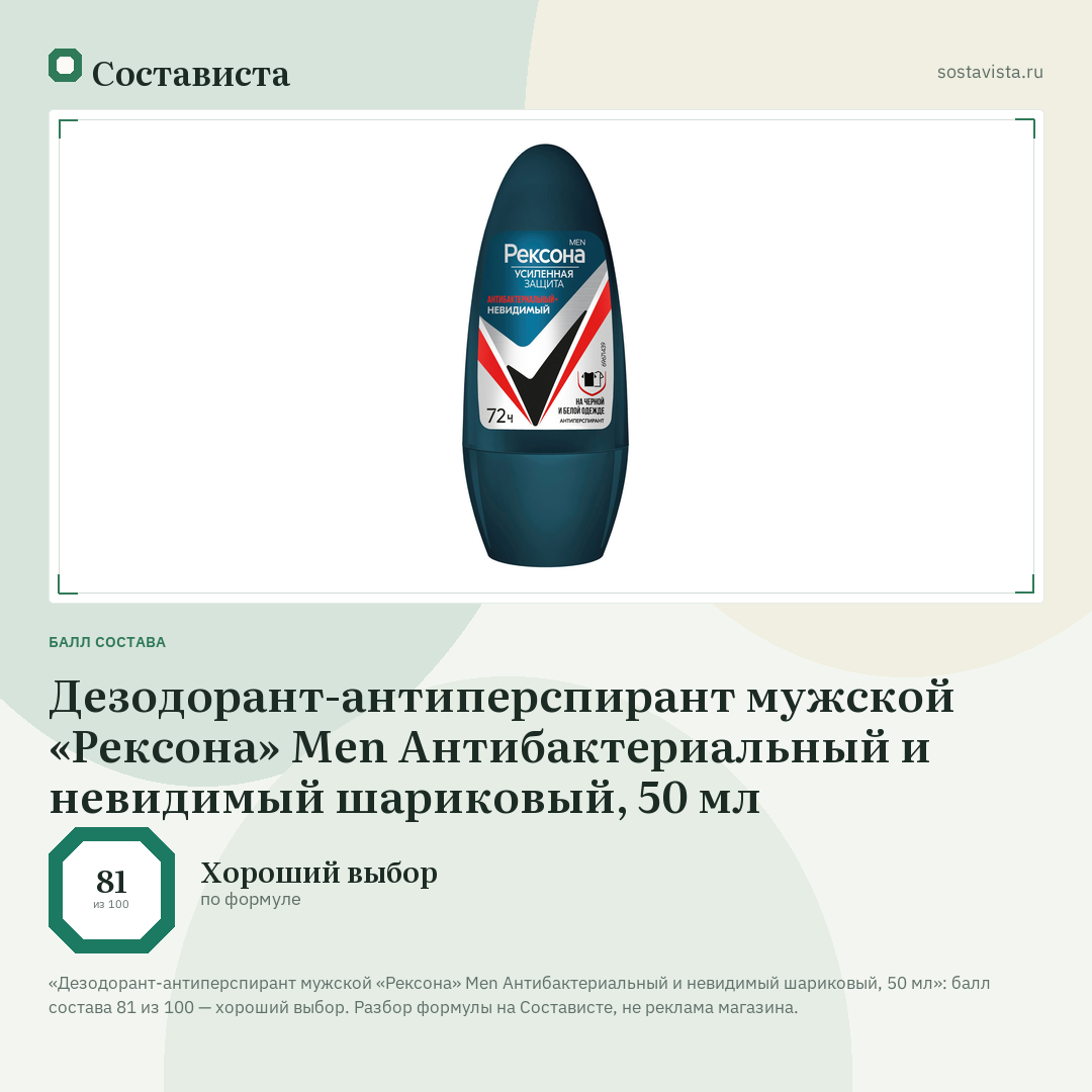 Дезодорант-антиперспирант мужской «Рексона» Men Антибактериальный и невидимый шариковый, 50 мл: балл состава 81 из 100 — Состависта
