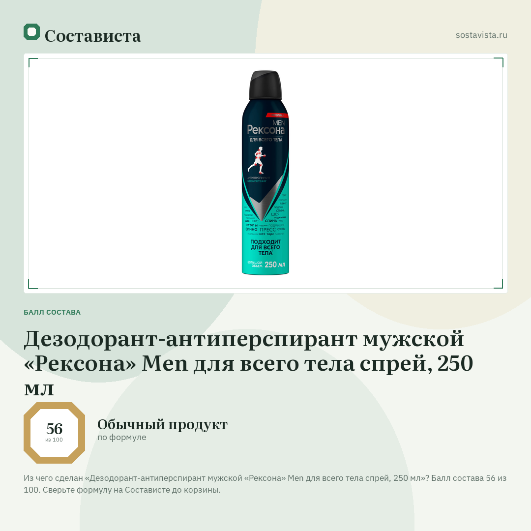 Дезодорант-антиперспирант мужской «Рексона» Men для всего тела спрей, 250 мл: балл состава 56 из 100 — Состависта