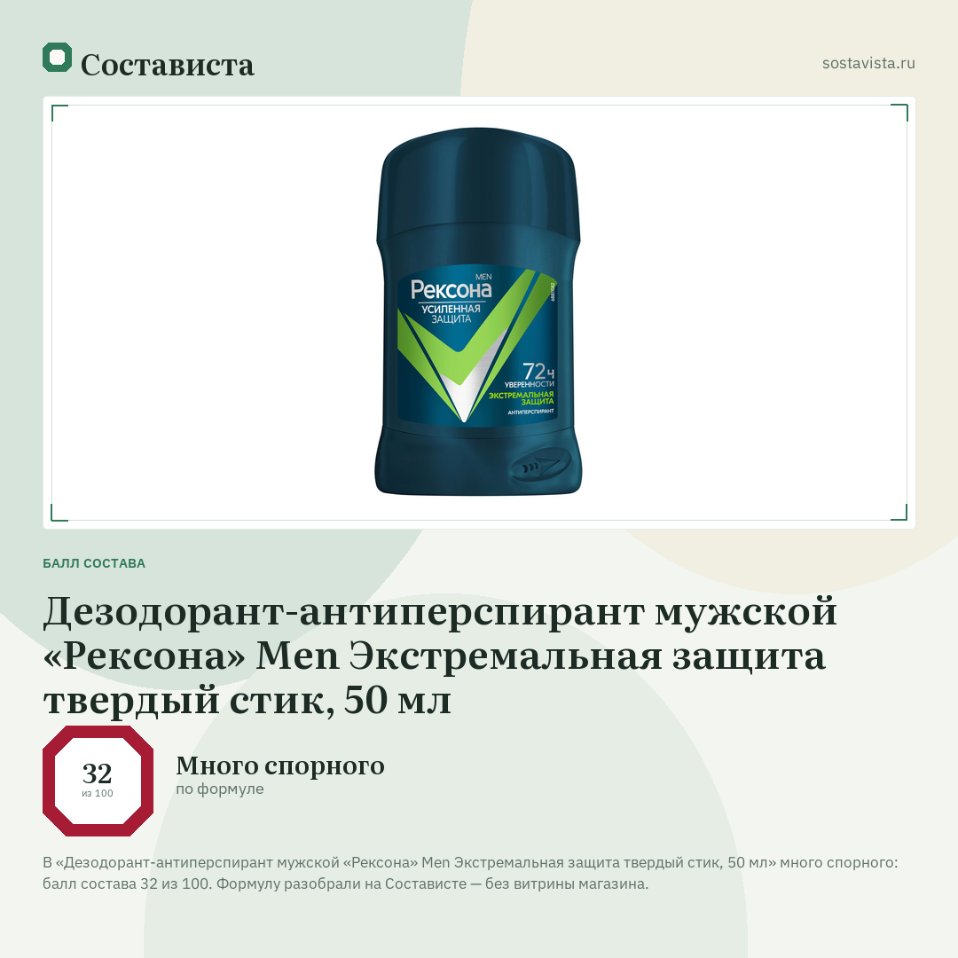 Дезодорант-антиперспирант мужской «Рексона» Men Экстремальная защита твердый стик, 50 мл: балл состава 32 из 100 — Состависта