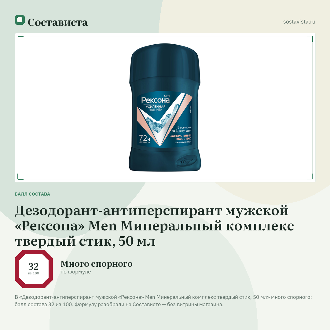 Дезодорант-антиперспирант мужской «Рексона» Men Минеральный комплекс твердый стик, 50 мл: балл состава 32 из 100 — Состависта