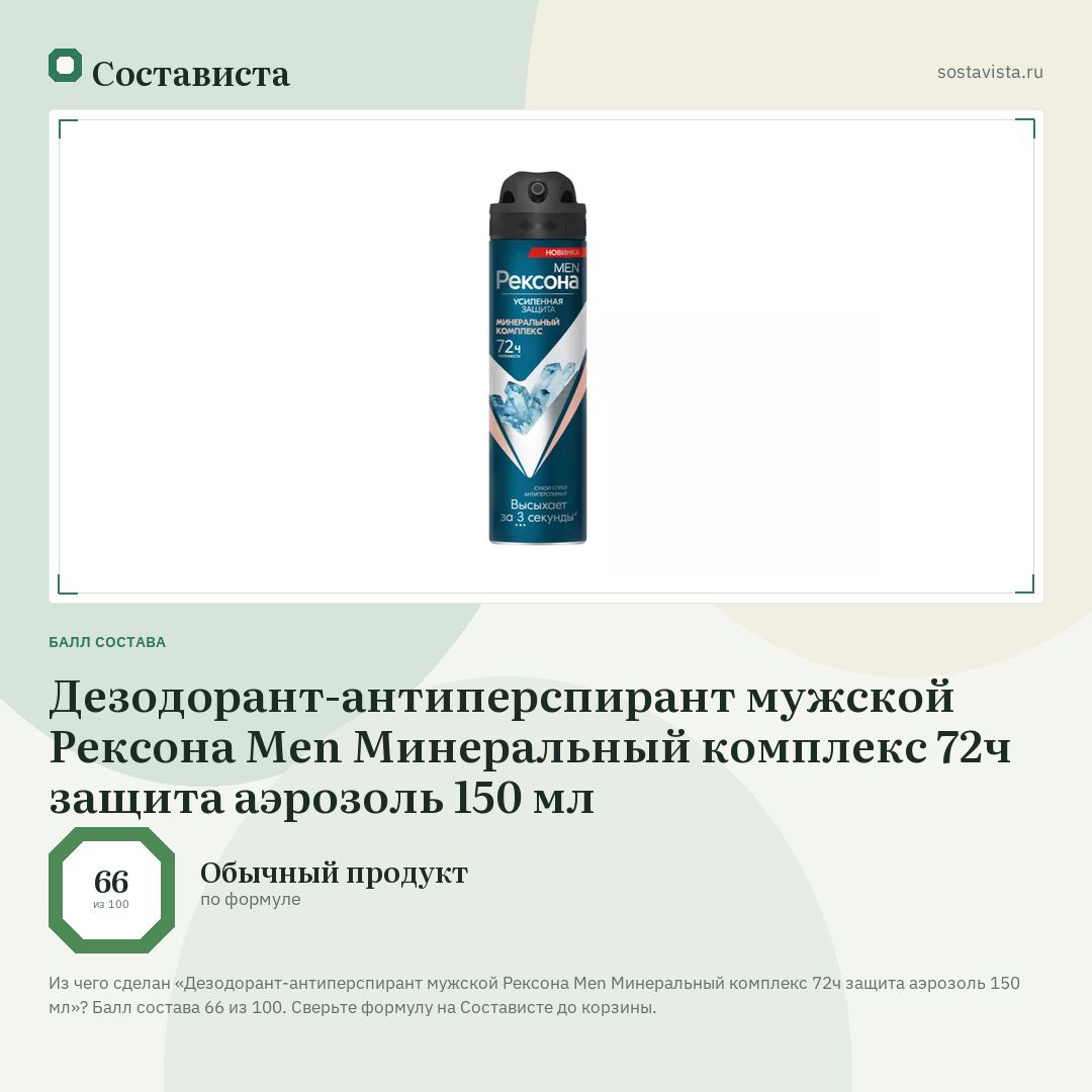 Дезодорант-антиперспирант мужской Рексона Men Минеральный комплекс 72ч защита аэрозоль 150 мл: балл состава 66 из 100 — Состависта