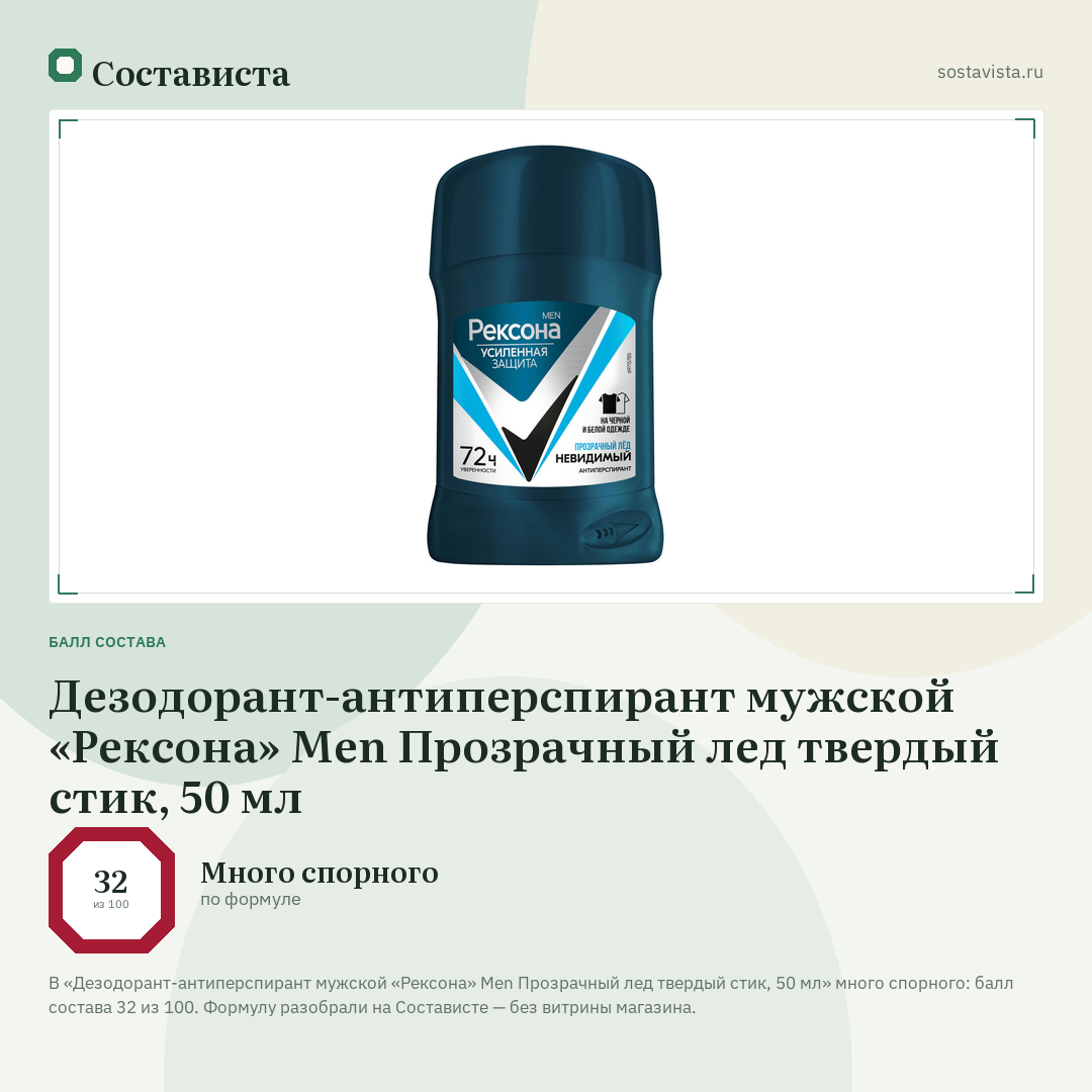 Дезодорант-антиперспирант мужской «Рексона» Men Прозрачный лед твердый стик, 50 мл: балл состава 32 из 100 — Состависта