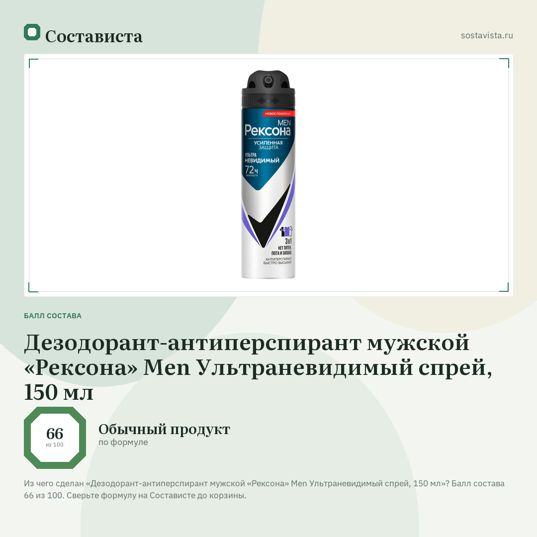 Дезодорант-антиперспирант мужской «Рексона» Men Ультраневидимый спрей, 150 мл: балл состава 66 из 100 — Состависта