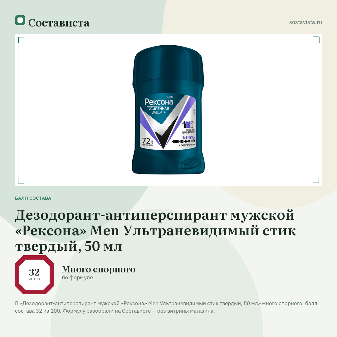 Дезодорант-антиперспирант мужской «Рексона» Men Ультраневидимый стик твердый, 50 мл: балл состава 32 из 100 — Состависта