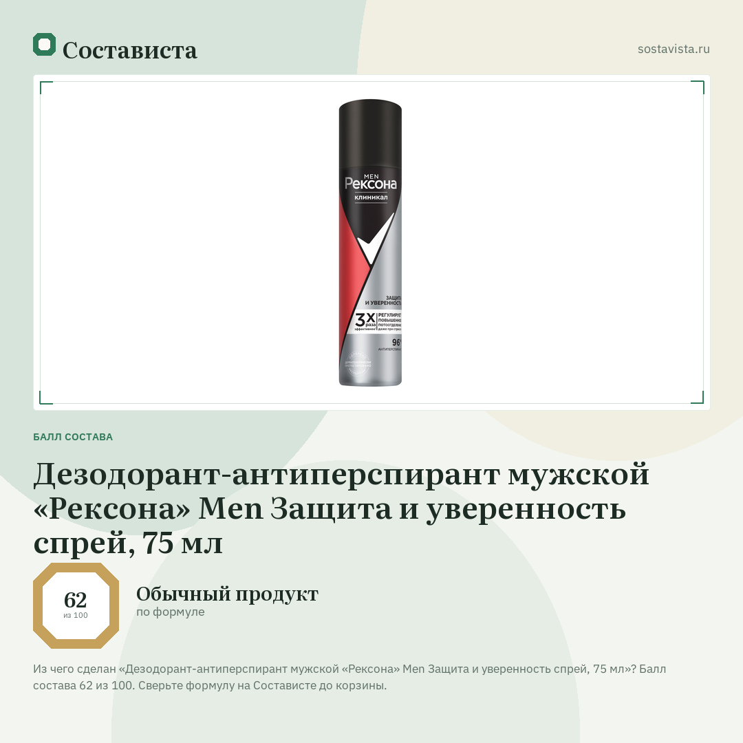 Дезодорант-антиперспирант мужской «Рексона» Men Защита и уверенность спрей, 75 мл: балл состава 62 из 100 — Состависта