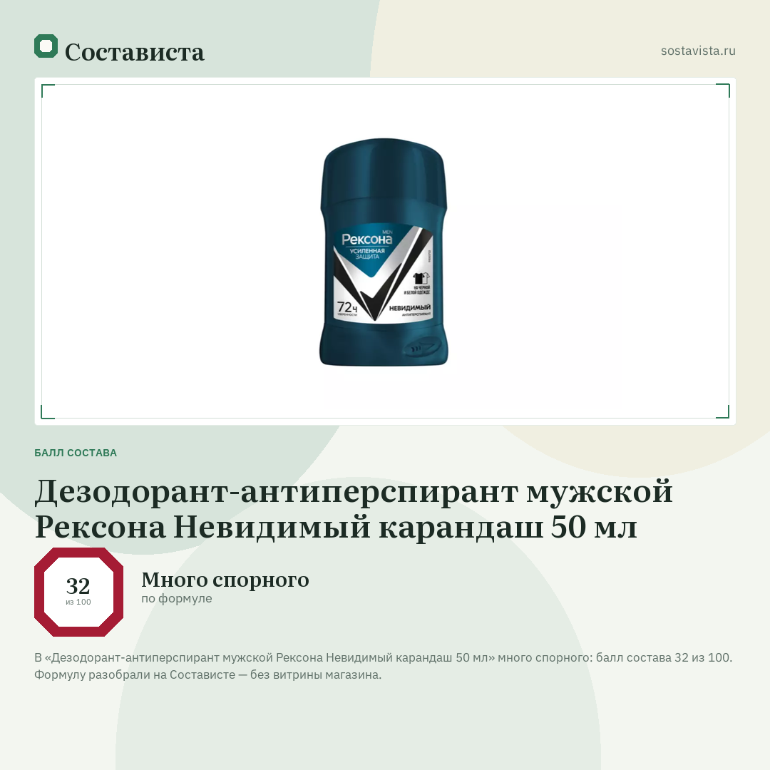 Дезодорант-антиперспирант мужской Рексона Невидимый карандаш 50 мл: балл состава 32 из 100 — Состависта