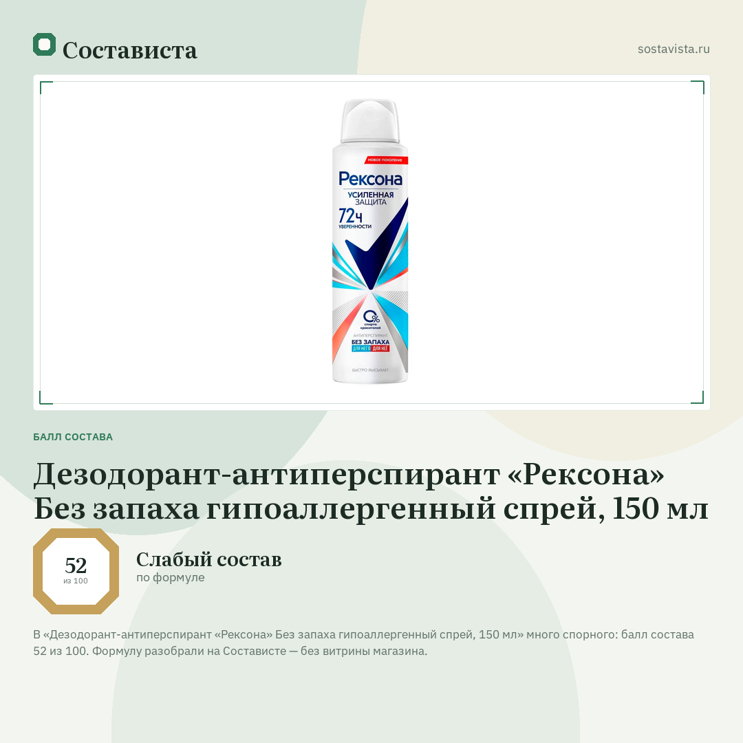 Дезодорант-антиперспирант «Рексона» Без запаха гипоаллергенный спрей, 150 мл: балл состава 52 из 100 — Состависта