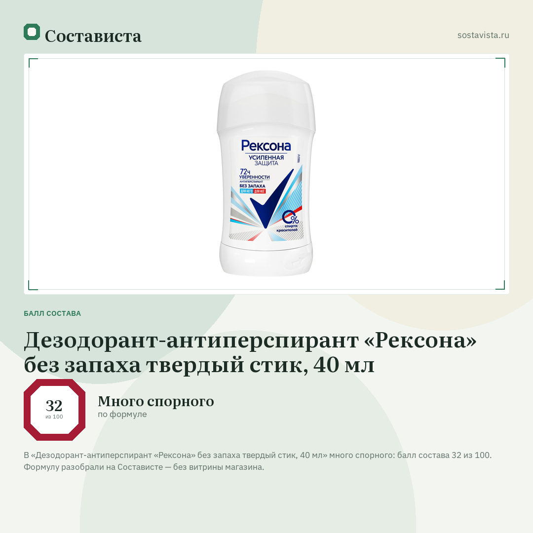 Дезодорант-антиперспирант «Рексона» без запаха твердый стик, 40 мл: балл состава 32 из 100 — Состависта