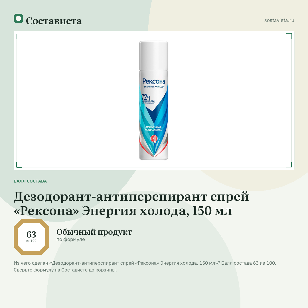 Дезодорант-антиперспирант спрей «Рексона» Энергия холода, 150 мл: балл состава 63 из 100 — Состависта