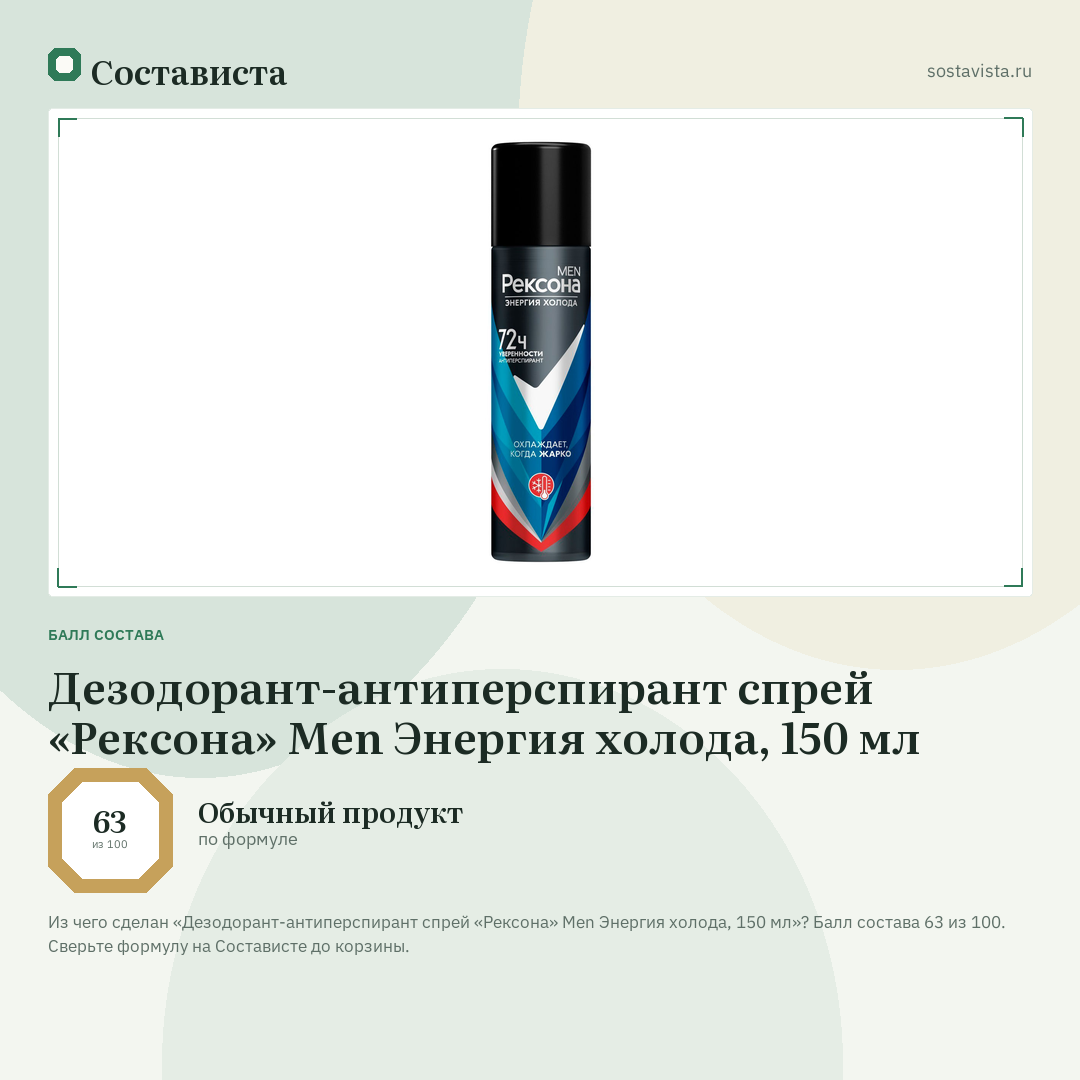 Дезодорант-антиперспирант спрей «Рексона» Men Энергия холода, 150 мл: балл состава 63 из 100 — Состависта