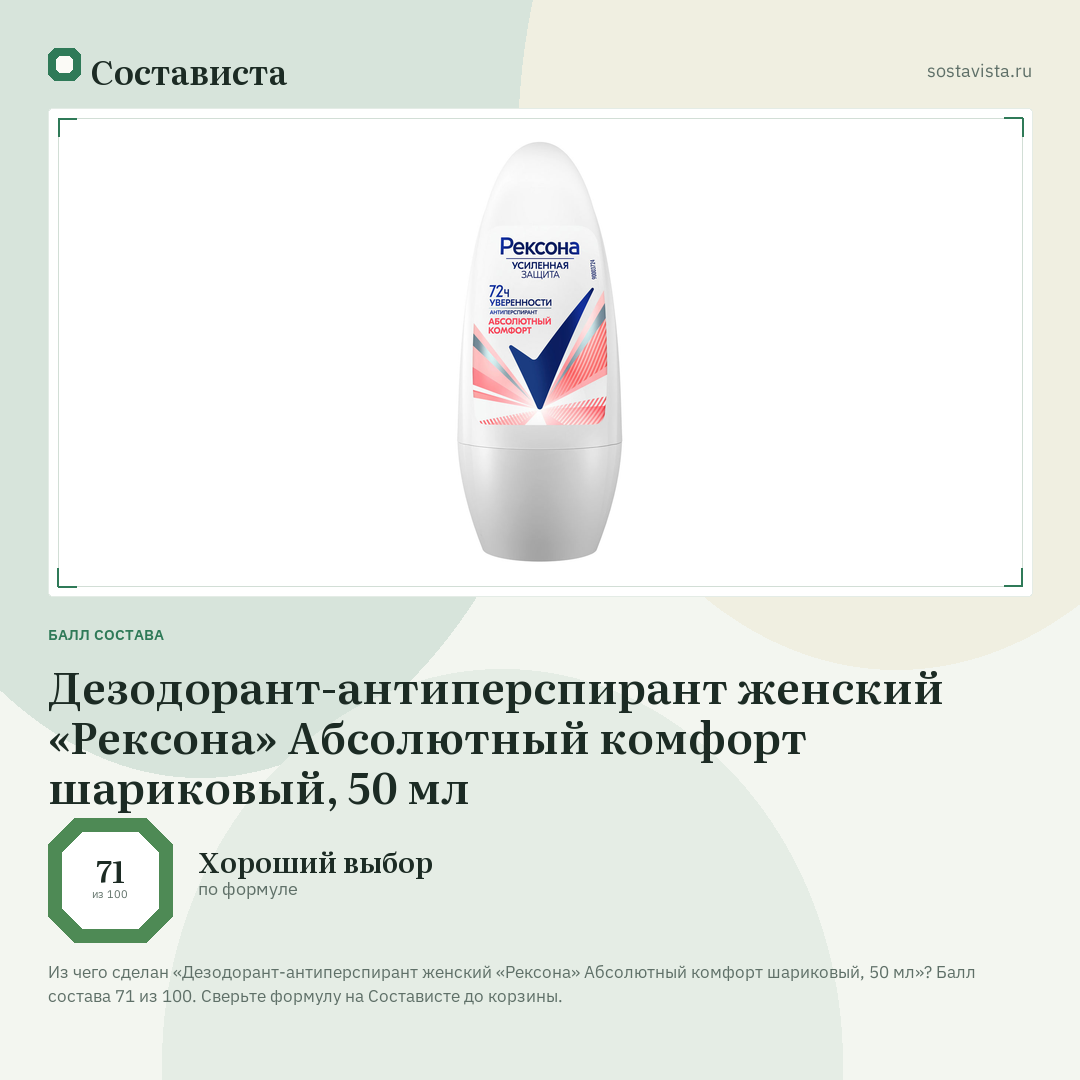 Дезодорант-антиперспирант женский «Рексона» Абсолютный комфорт шариковый, 50 мл: балл состава 71 из 100 — Состависта