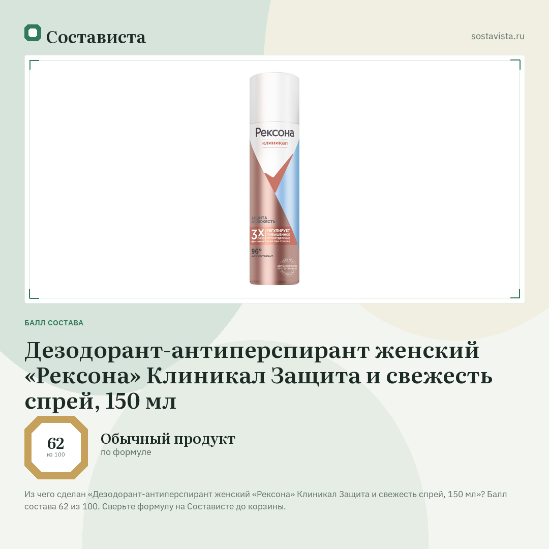 Дезодорант-антиперспирант женский «Рексона» Клиникал Защита и свежесть спрей, 150 мл: балл состава 62 из 100 — Состависта