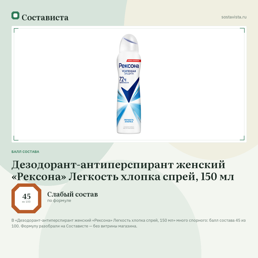 Дезодорант-антиперспирант женский «Рексона» Легкость хлопка спрей, 150 мл: балл состава 45 из 100 — Состависта