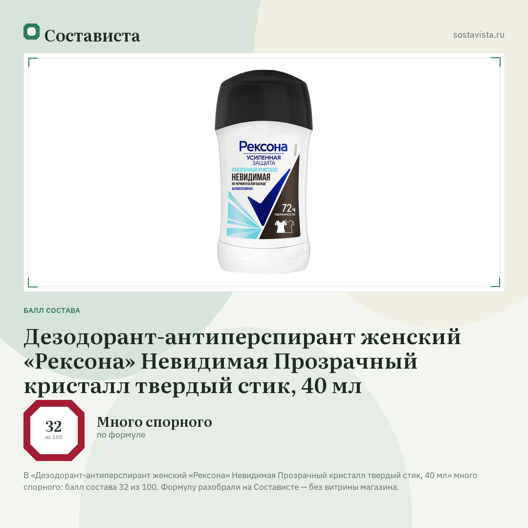 Дезодорант-антиперспирант женский «Рексона» Невидимая Прозрачный кристалл твердый стик, 40 мл: балл состава 32 из 100 — Состависта