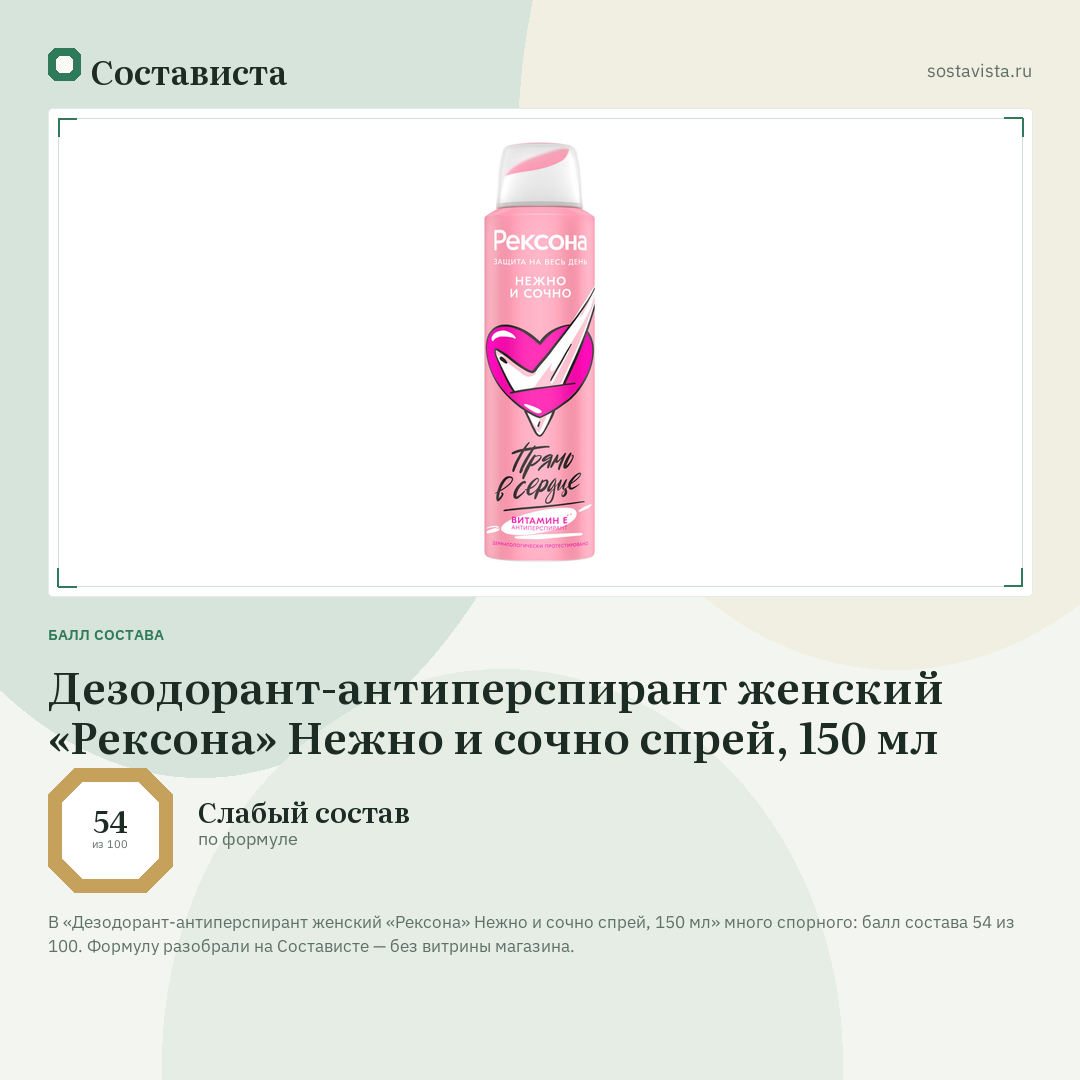 Дезодорант-антиперспирант женский «Рексона» Нежно и сочно спрей, 150 мл: балл состава 54 из 100 — Состависта