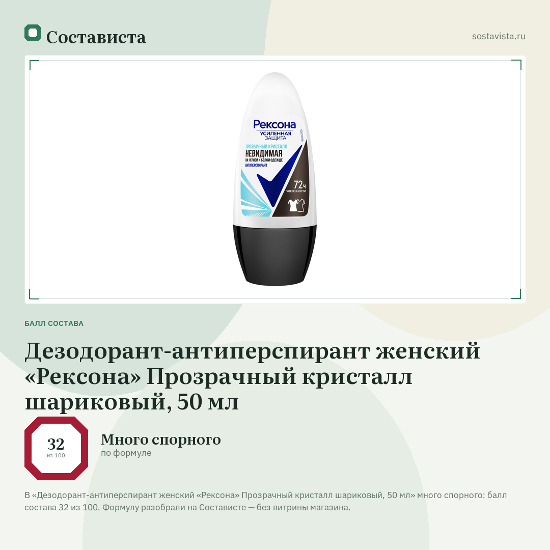 Дезодорант-антиперспирант женский «Рексона» Прозрачный кристалл шариковый, 50 мл: балл состава 32 из 100 — Состависта