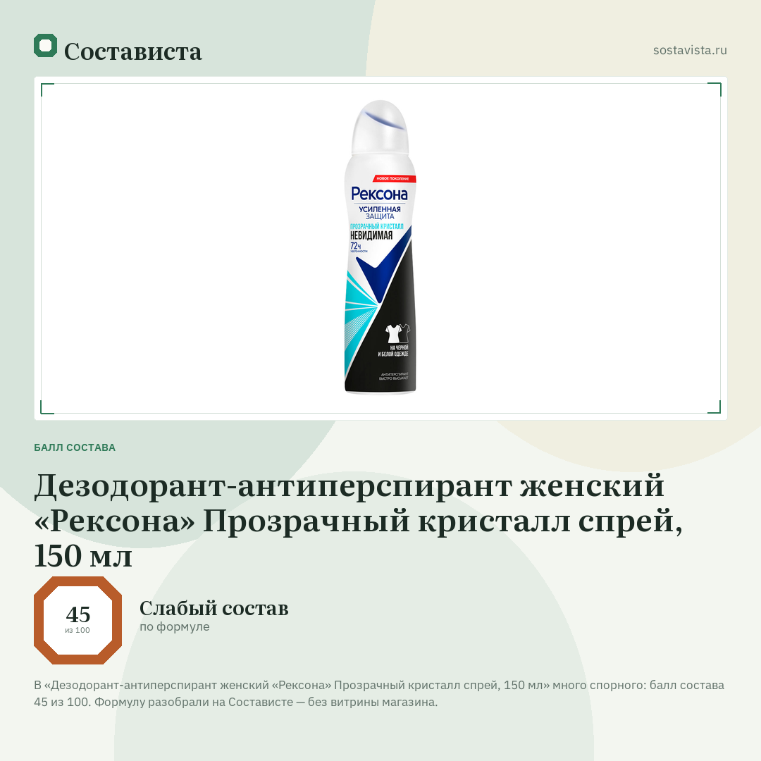 Дезодорант-антиперспирант женский «Рексона» Прозрачный кристалл спрей, 150 мл: балл состава 45 из 100 — Состависта