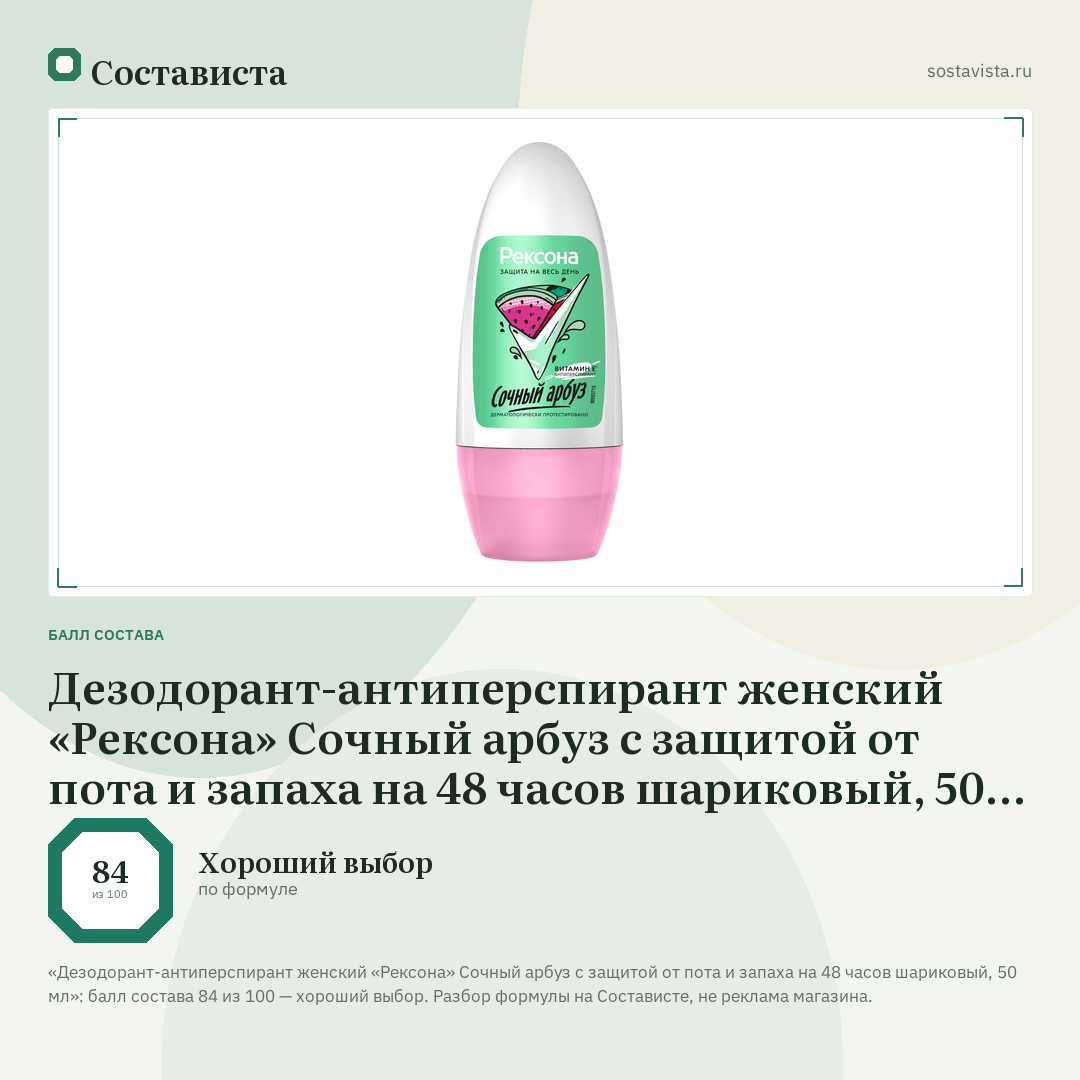 Дезодорант-антиперспирант женский «Рексона» Сочный арбуз с защитой от пота и запаха на 48 часов шариковый, 50 мл: балл состава 84 из 100 — Состависта