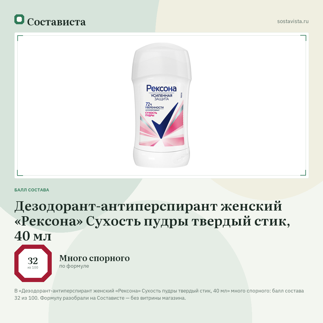 Дезодорант-антиперспирант женский «Рексона» Сухость пудры твердый стик, 40 мл: балл состава 32 из 100 — Состависта