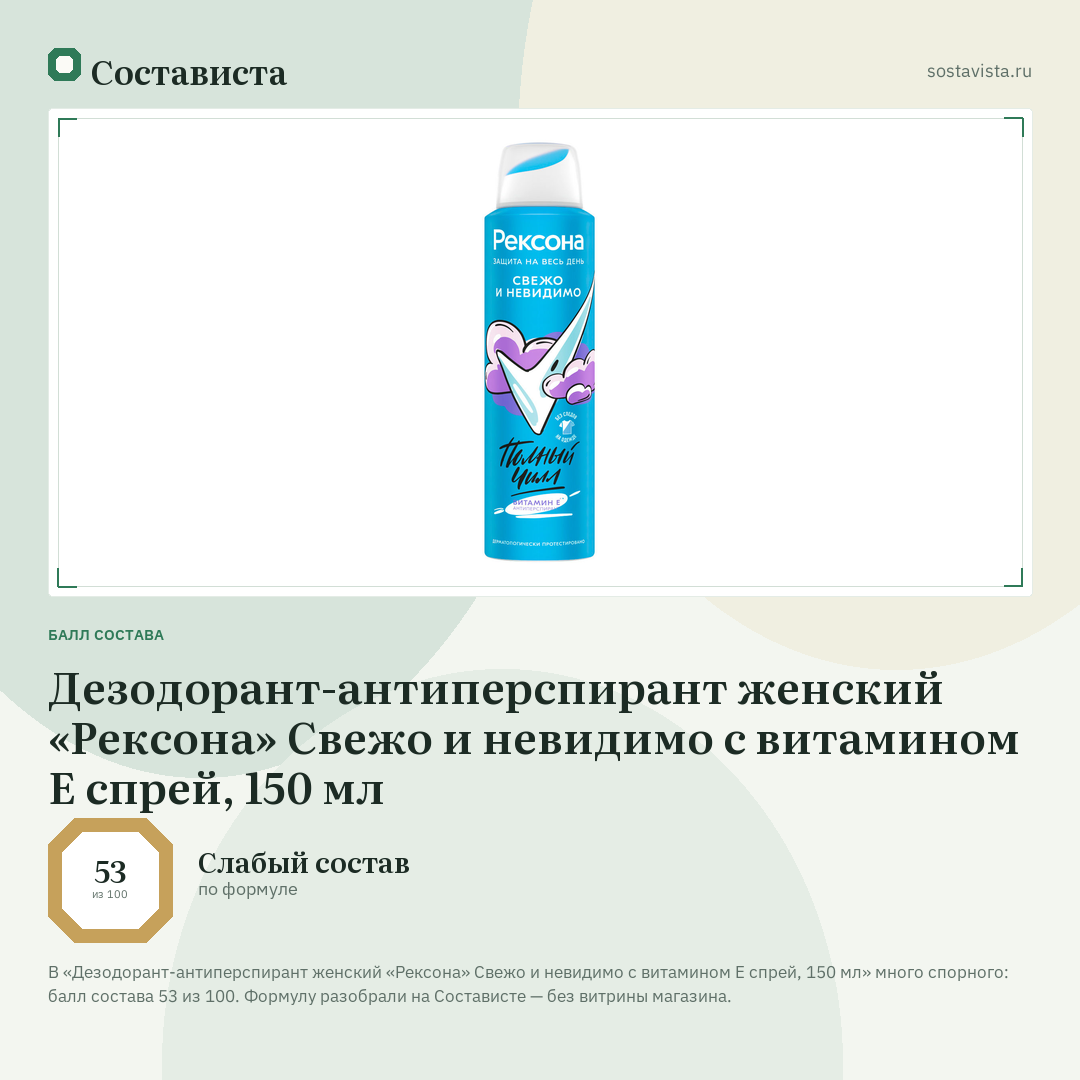 Дезодорант-антиперспирант женский «Рексона» Свежо и невидимо с витамином Е спрей, 150 мл: балл состава 53 из 100 — Состависта