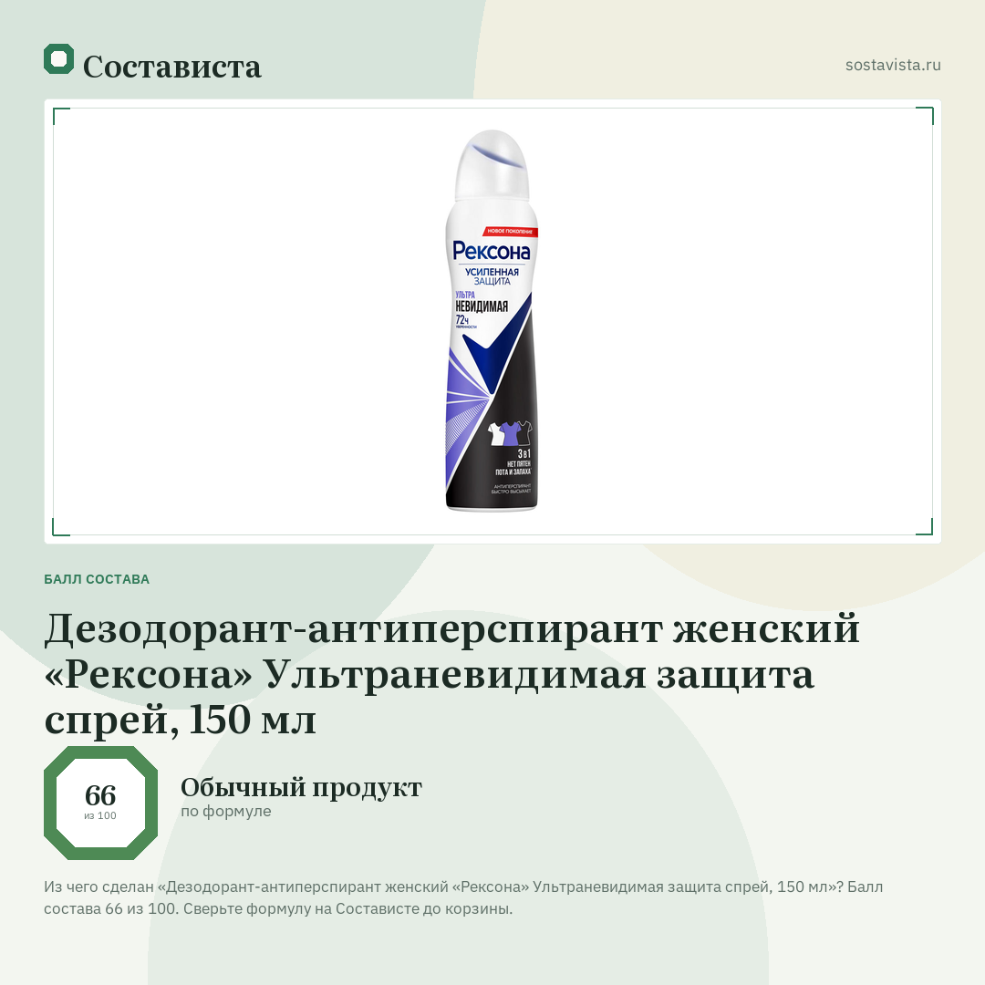 Дезодорант-антиперспирант женский «Рексона» Ультраневидимая защита спрей, 150 мл: балл состава 66 из 100 — Состависта