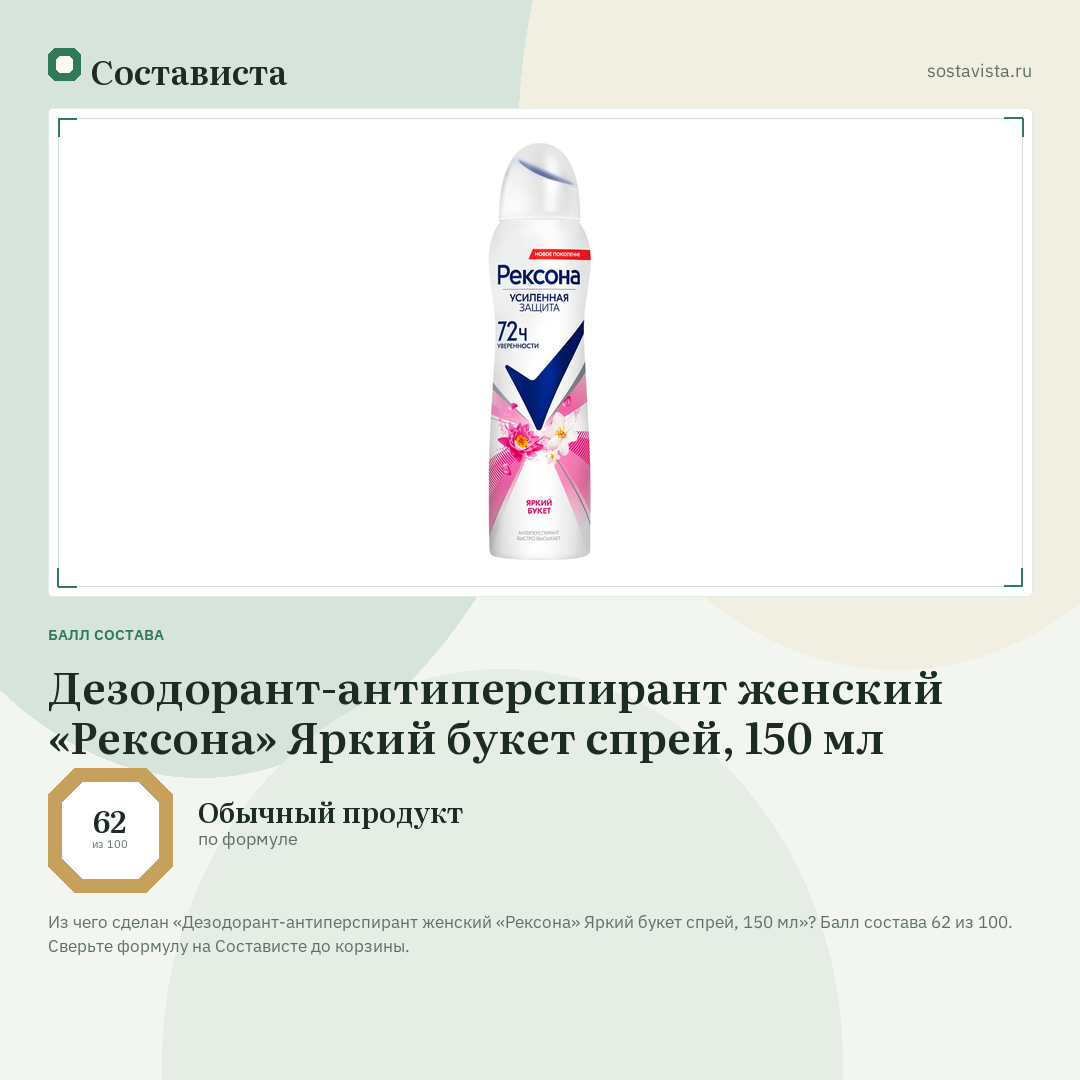 Дезодорант-антиперспирант женский «Рексона» Яркий букет спрей, 150 мл: балл состава 62 из 100 — Состависта