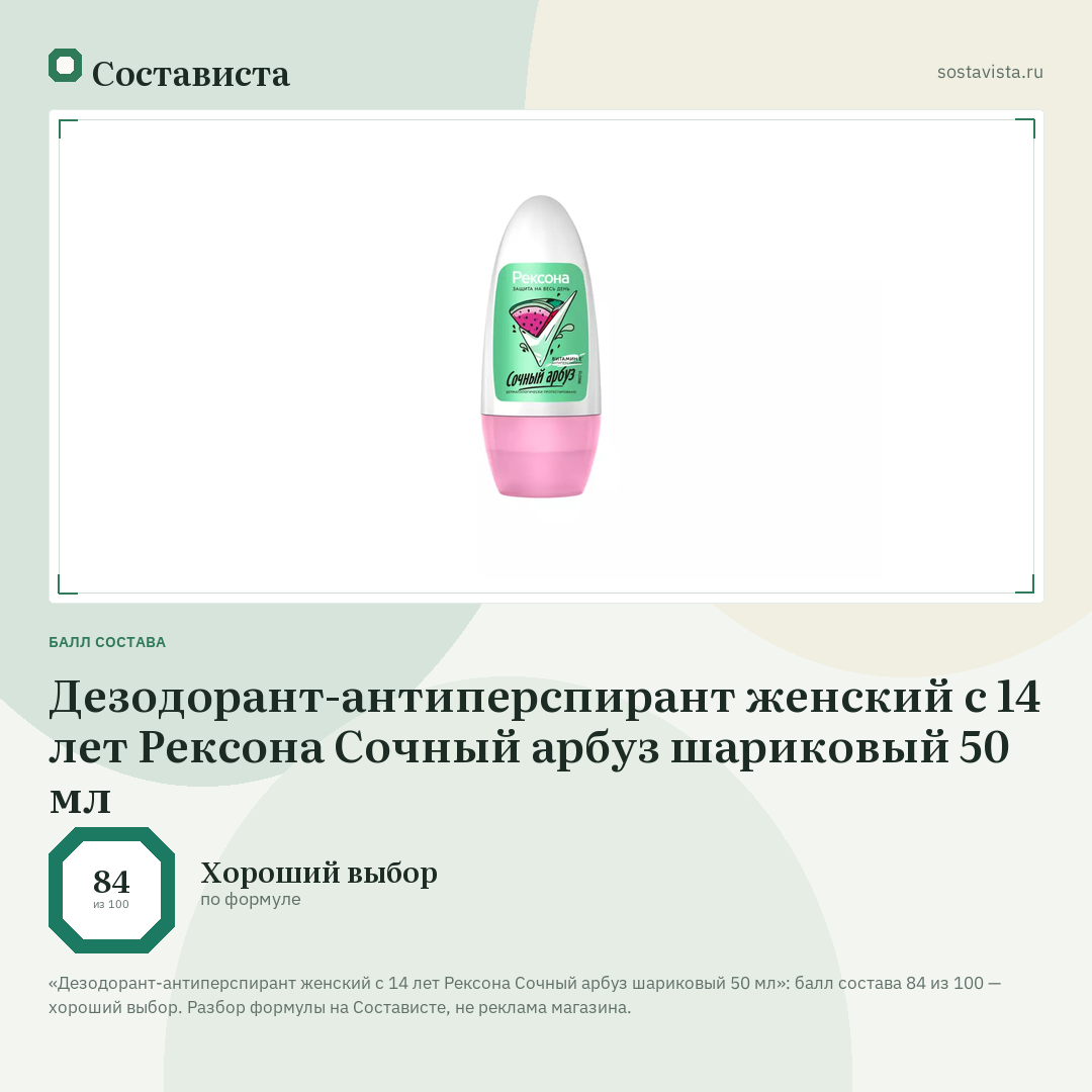 Дезодорант-антиперспирант женский с 14 лет Рексона Сочный арбуз шариковый 50 мл: балл состава 84 из 100 — Состависта