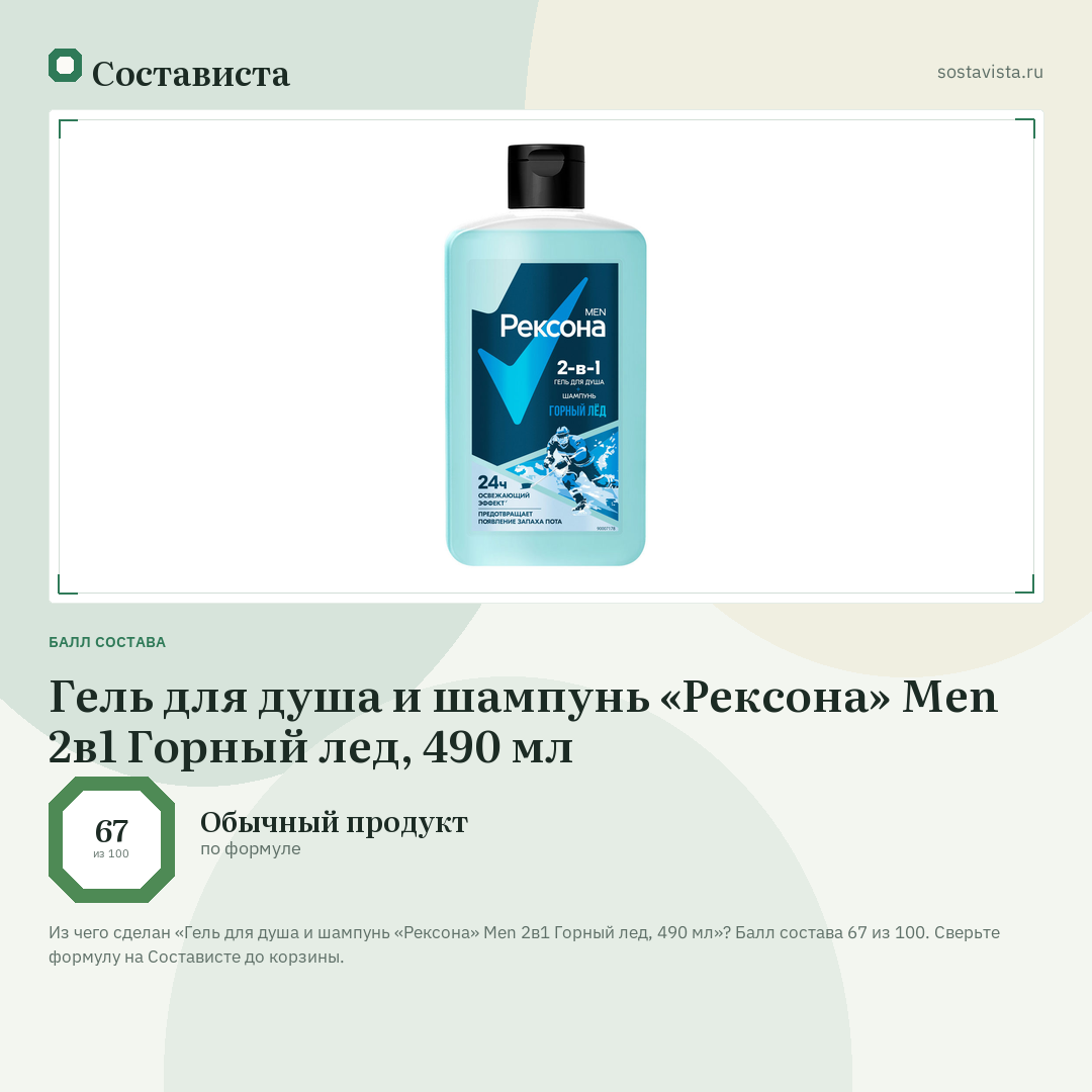 Гель для душа и шампунь «Рексона» Men 2в1 Горный лед, 490 мл: балл состава 67 из 100 — Состависта