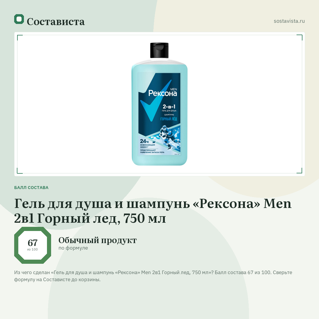 Гель для душа и шампунь «Рексона» Men 2в1 Горный лед, 750 мл: балл состава 67 из 100 — Состависта