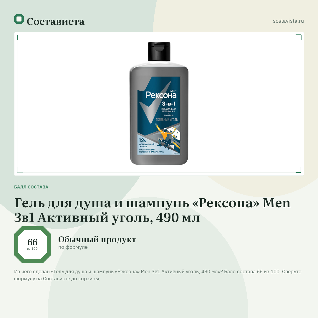 Гель для душа и шампунь «Рексона» Men 3в1 Активный уголь, 490 мл: балл состава 66 из 100 — Состависта