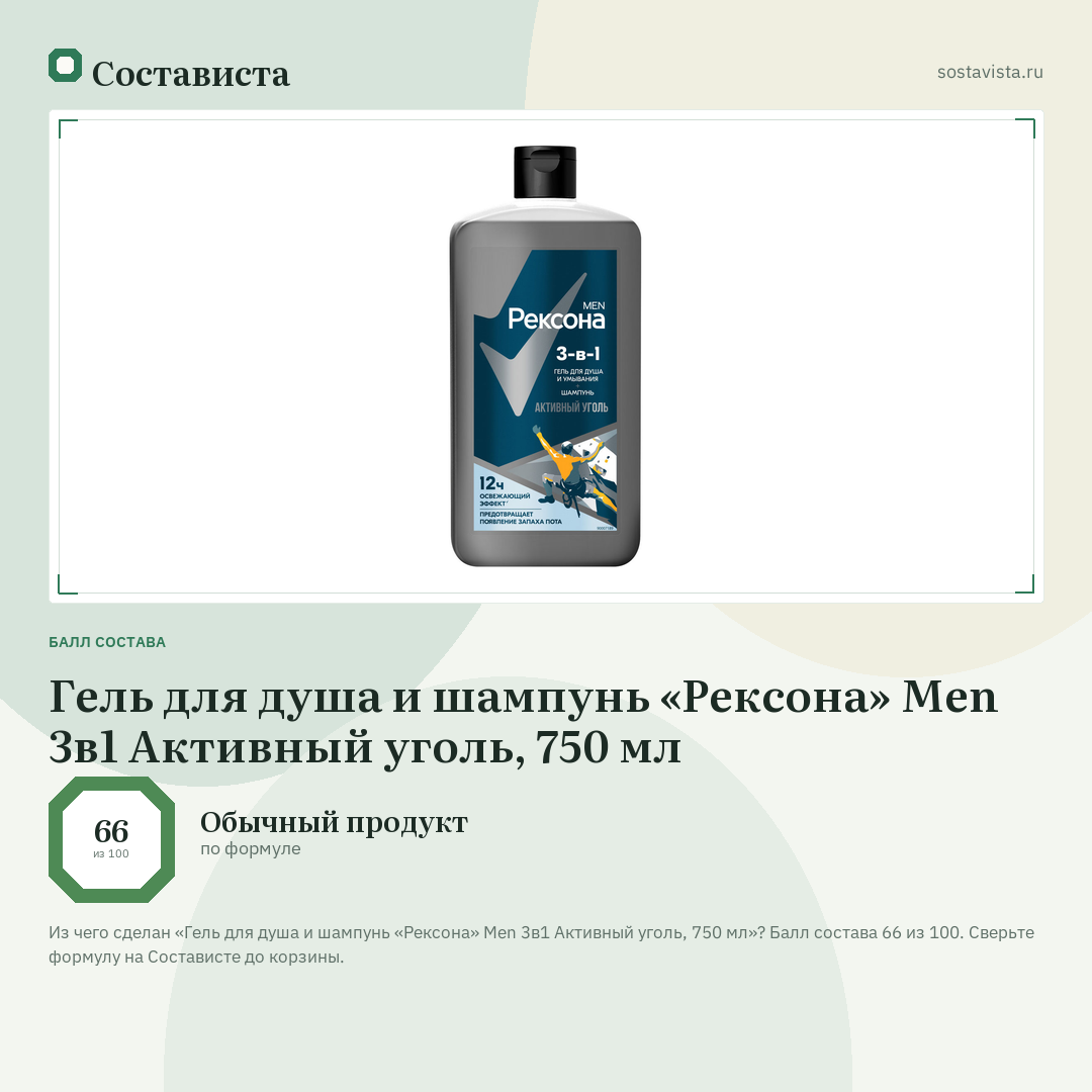 Гель для душа и шампунь «Рексона» Men 3в1 Активный уголь, 750 мл: балл состава 66 из 100 — Состависта