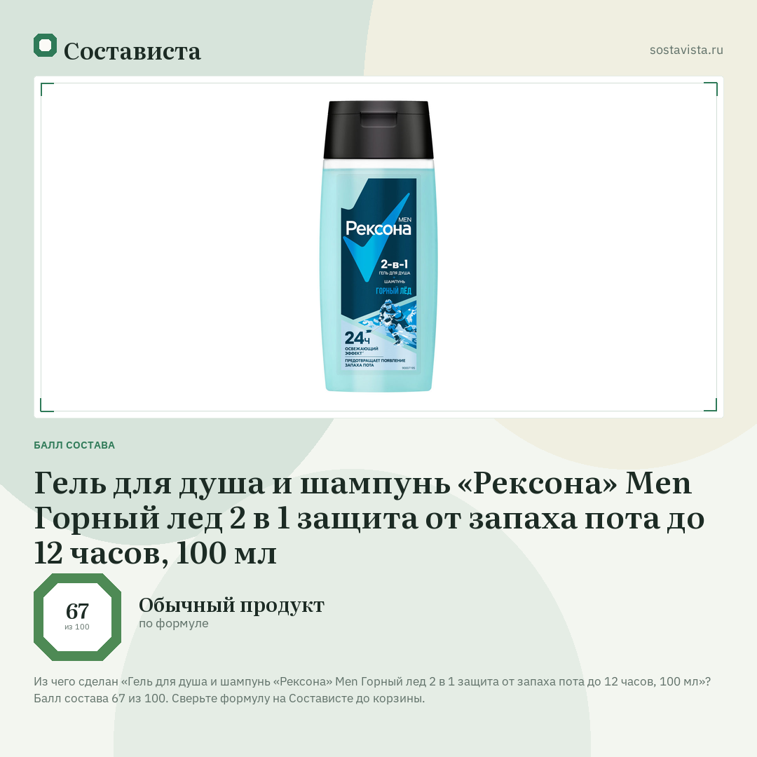 Гель для душа и шампунь «Рексона» Men Горный лед 2 в 1 защита от запаха пота до 12 часов, 100 мл: балл состава 67 из 100 — Состависта