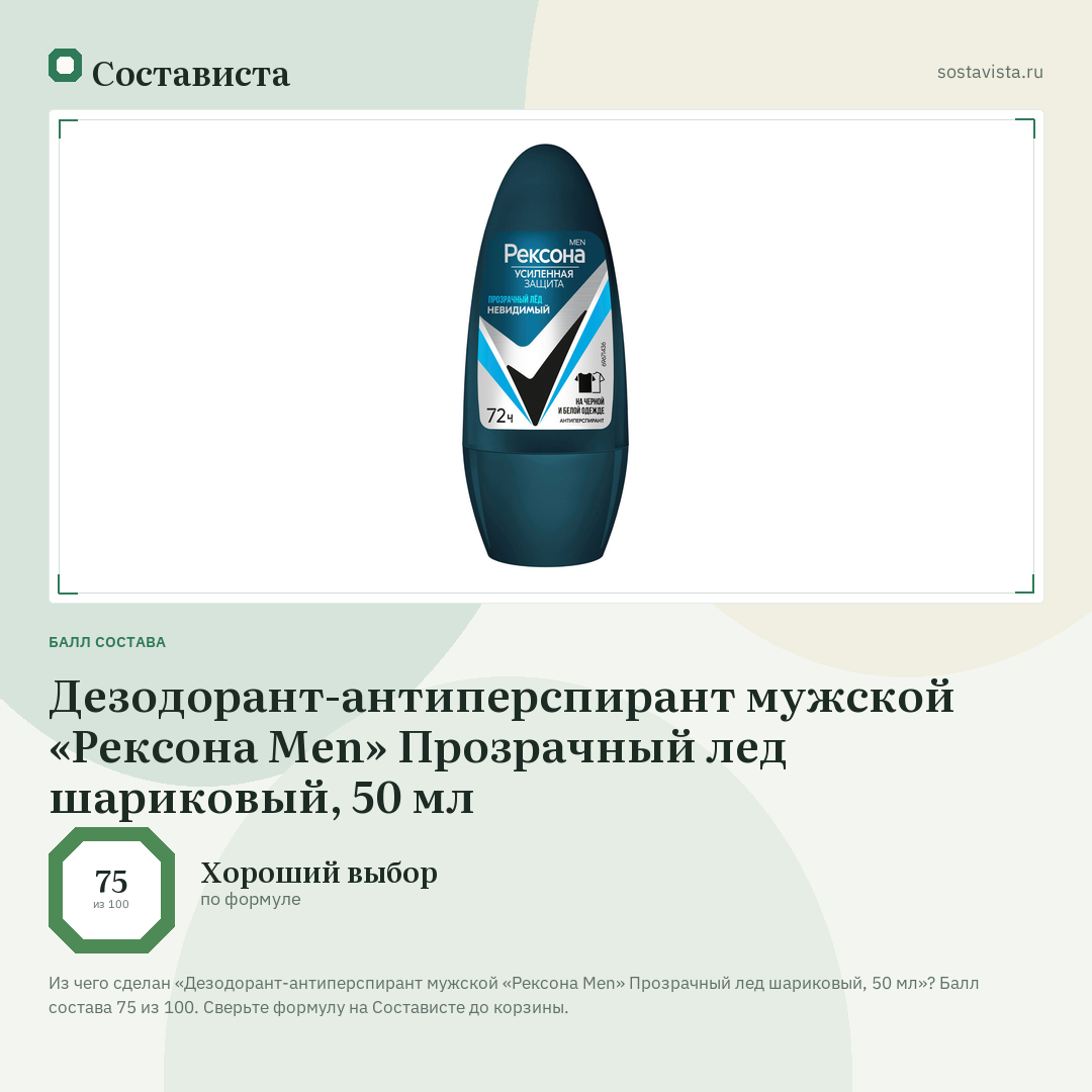 Дезодорант-антиперспирант мужской «Рексона Men» Прозрачный лед шариковый, 50 мл: балл состава 75 из 100 — Состависта