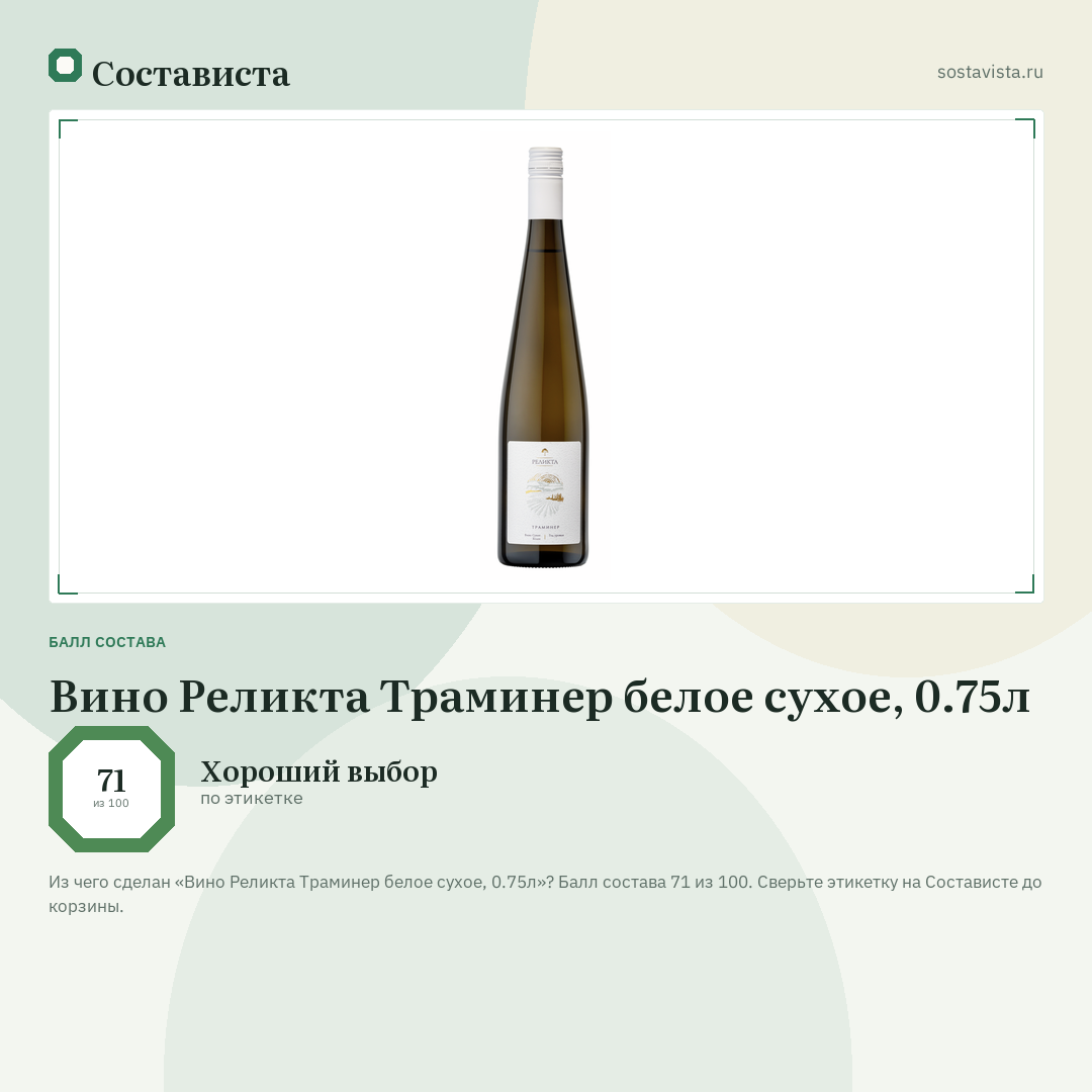 Вино Реликта Траминер белое сухое, 0.75л: балл состава 71 из 100 — Состависта