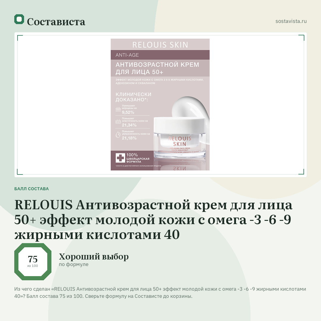 RELOUIS Антивозрастной крем для лица 50+ эффект молодой кожи с омега -3 -6 -9 жирными кислотами 40: балл состава 75 из 100 — Состависта