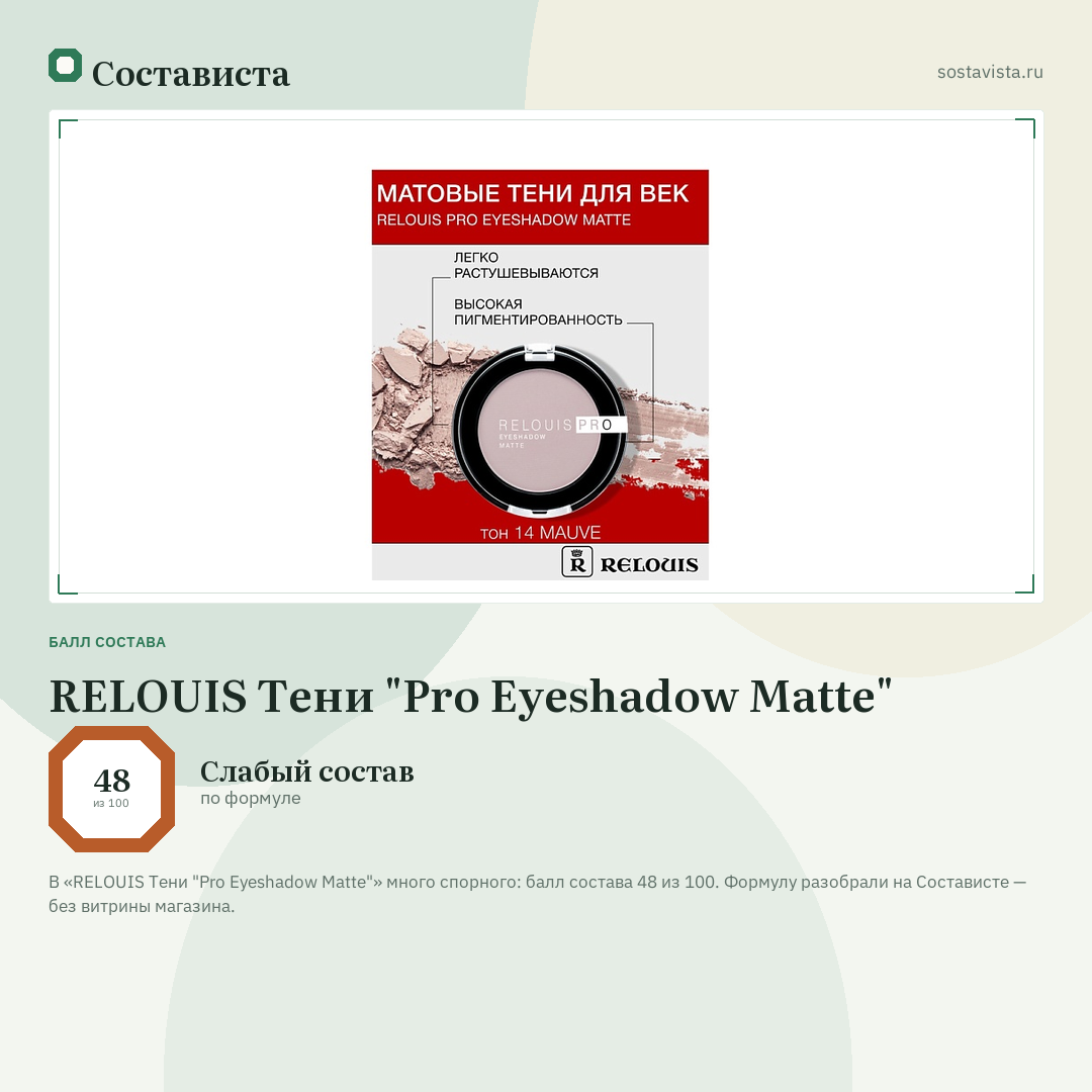 RELOUIS Тени "Pro Eyeshadow Matte": балл состава 48 из 100 — Состависта