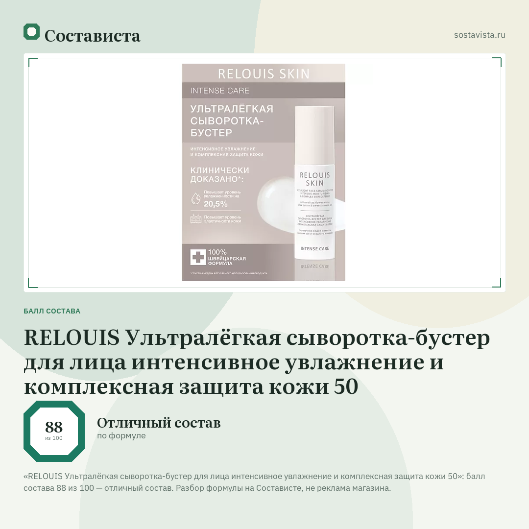 RELOUIS Ультралёгкая сыворотка-бустер для лица интенсивное увлажнение и комплексная защита кожи 50: балл состава 88 из 100 — Состависта