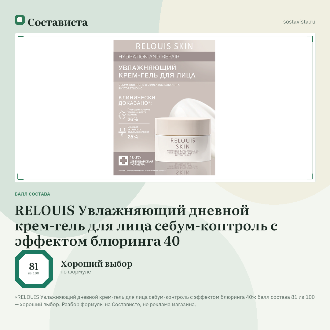 RELOUIS Увлажняющий дневной крем-гель для лица себум-контроль с эффектом блюринга 40: балл состава 81 из 100 — Состависта