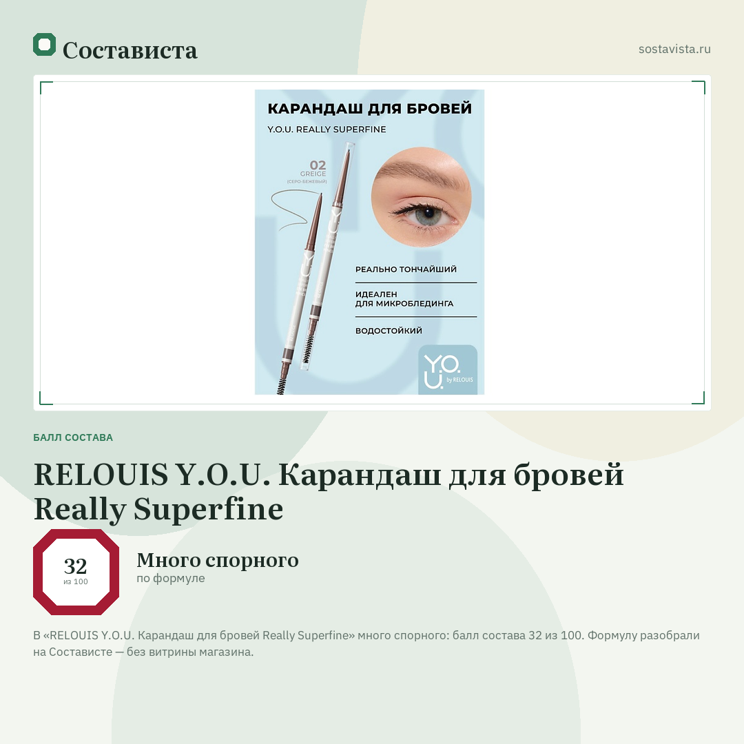 RELOUIS Y.O.U. Карандаш для бровей Really Superfine: балл состава 32 из 100 — Состависта