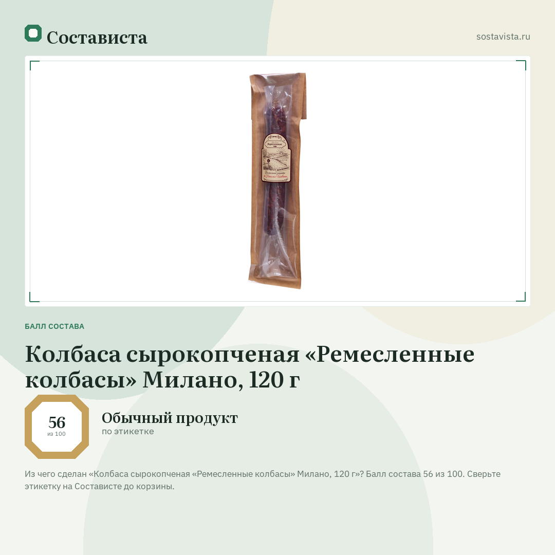 Колбаса сырокопченая «Ремесленные колбасы» Милано, 120 г: балл состава 56 из 100 — Состависта